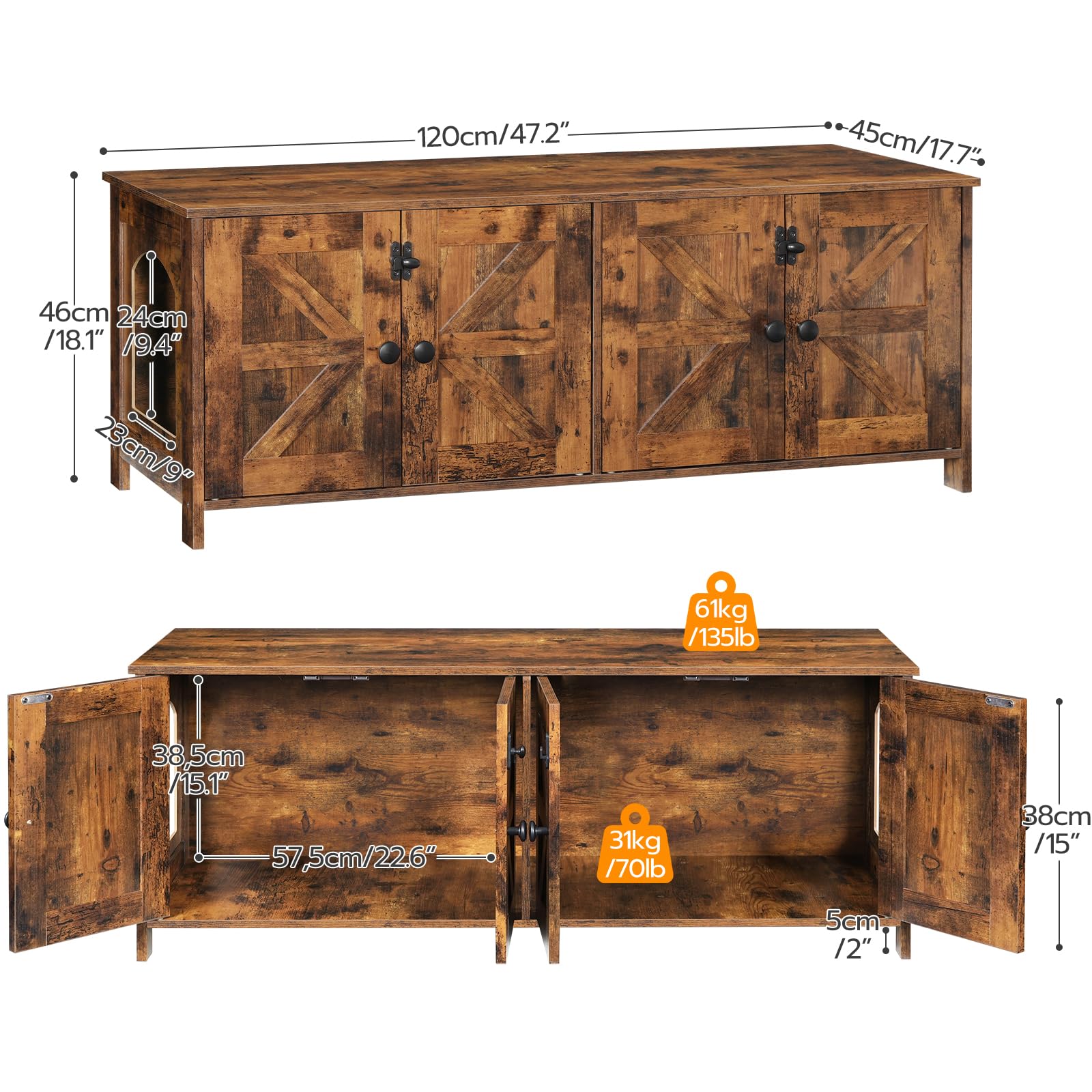 Hoobro 47.2'' Double Litter Box Enclosure, Hidden Litter Box Furniture With Double Rooms, Wooden Tv Stand With Storage, Dual Cat