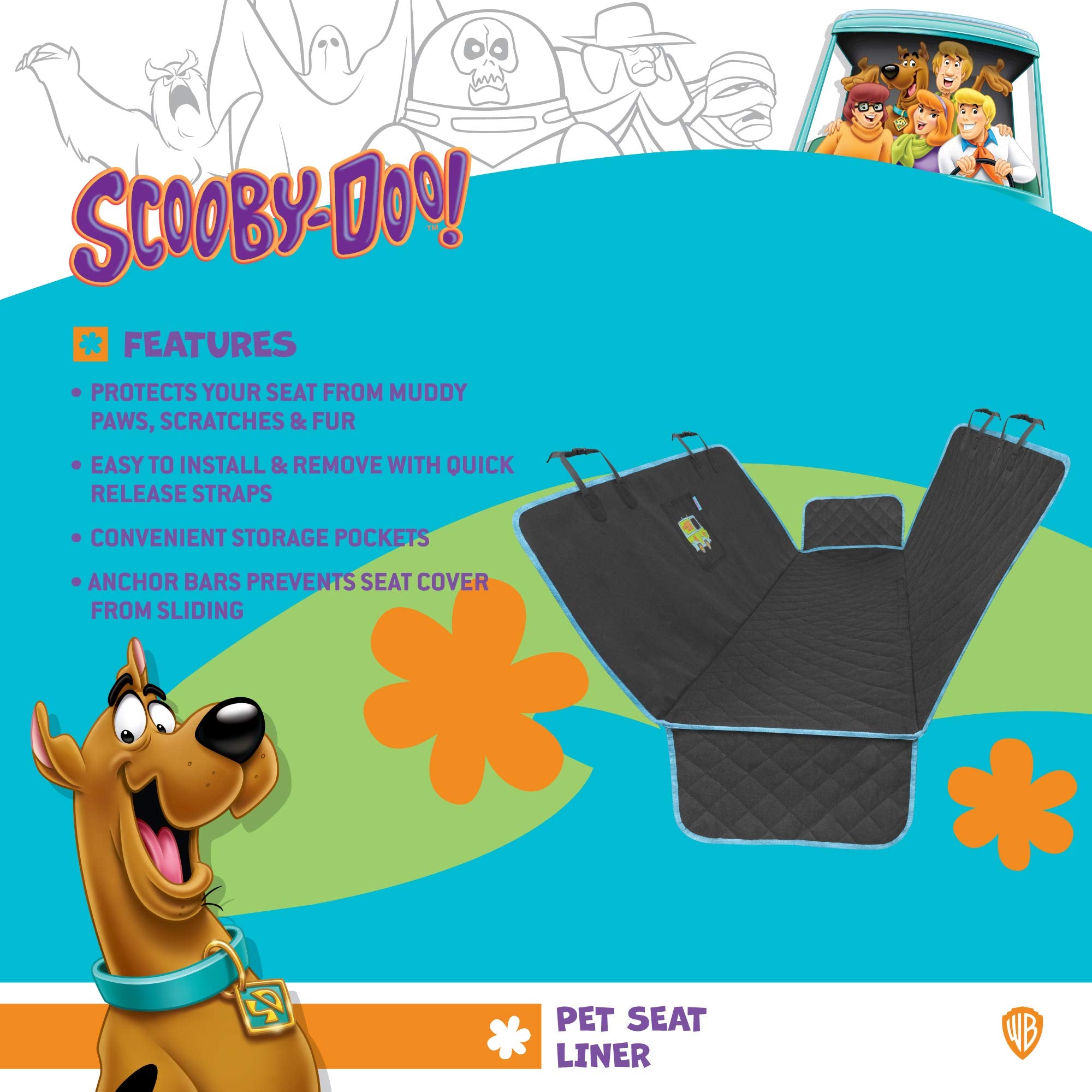 Bdk Scooby Doo Dog Car Seat Cover For Back Seat ?Hammock Dog Seat Protector With Storage Pocket, Heavy Duty Rear Bench With Non-Slip Stitching, Interior Covers For Auto Truck Van Suv