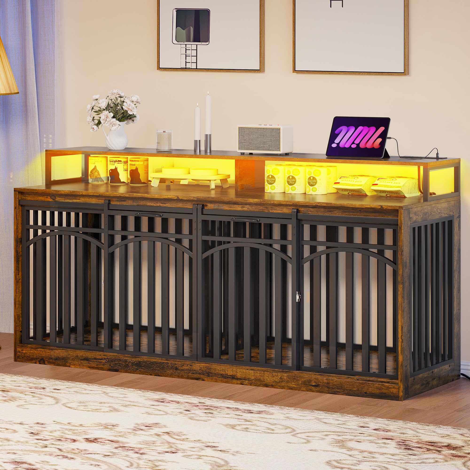 DWVO 71 Double Dog Crate Furniture with LED Light & Power Outlets, Heavy Duty Dual Dog Kennel TV Stand w Storage Shelves Sliding