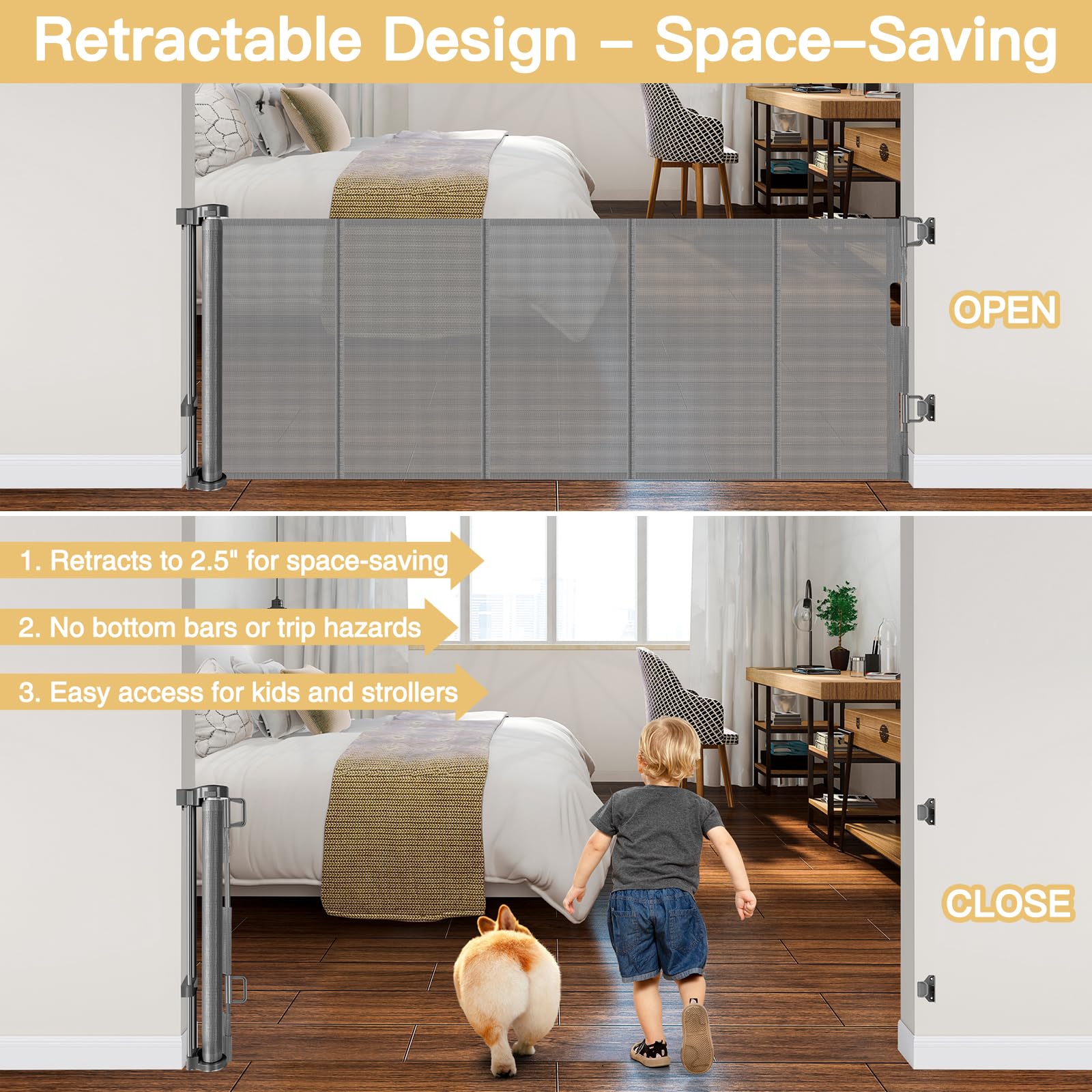 Reinforced 28-Inch Tall Retractable Baby Gates for Doorways, Walk Through Pet Gate for Stairs, Short Baby Gate with Support Rods