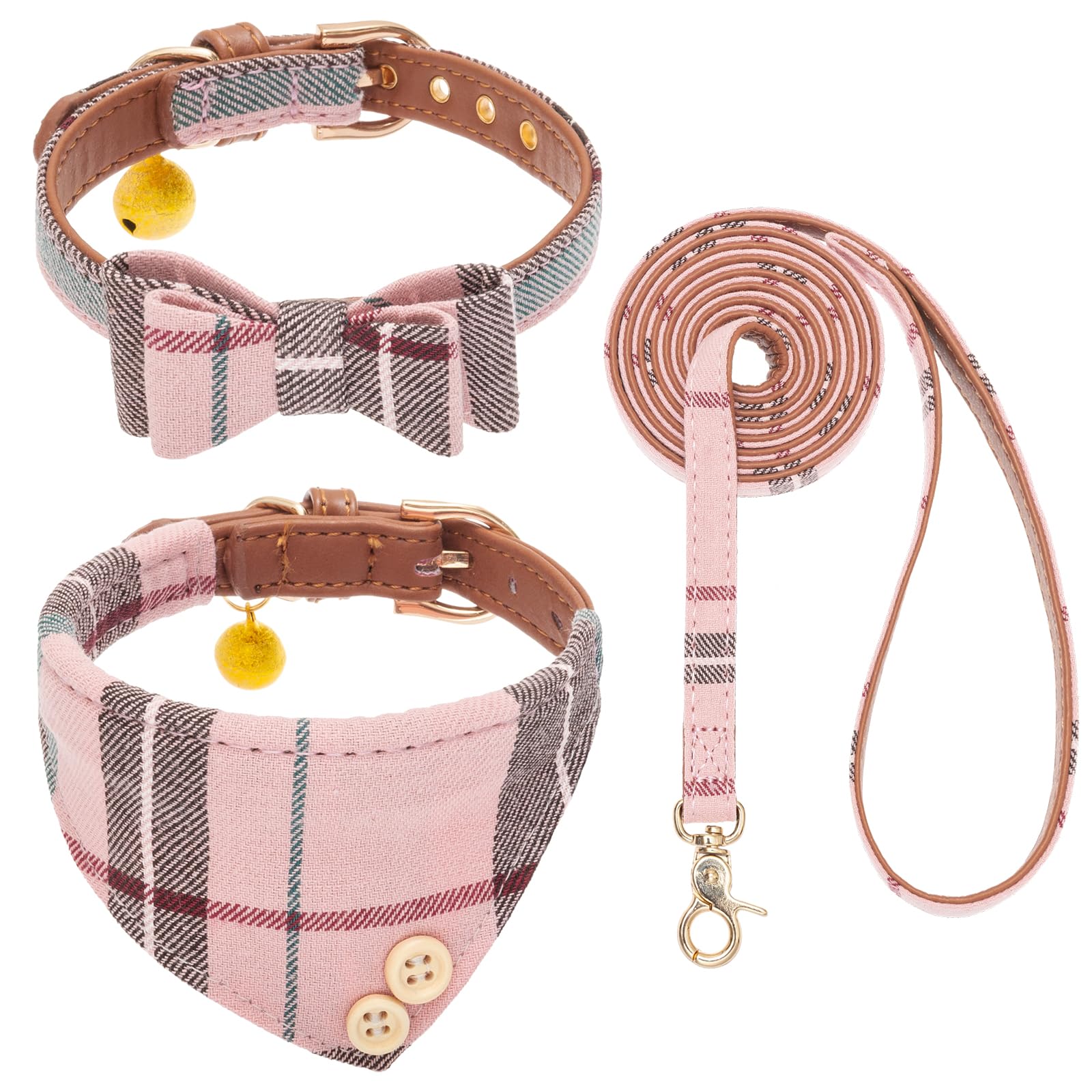 Kooltail Dog Collar And Leash Set 3 Park, Adjustable Soft Leather Puppy Collar And Leash Tangle Free For Outdoor Walking, Dog Bandana Collar With Bow Tie & Bell For Small Medium Dogs Cats Pink Plaid