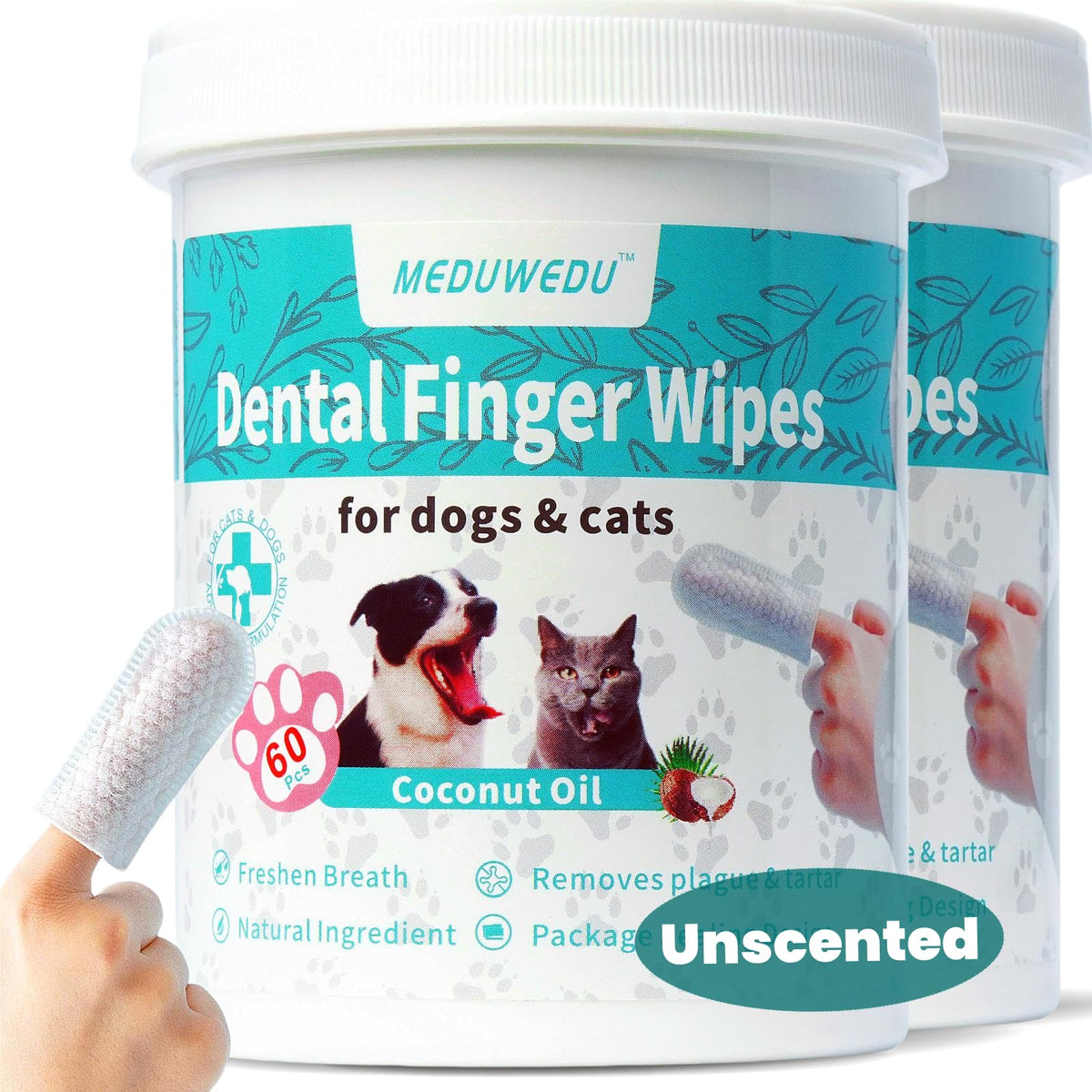 Meduwedu Dental Care Finger Wipes 120 Counts,Teeth Cleaning Finger Wipes For Dogs & Cats,Reduces Plaque & Supports Oral Freshness,Unscented