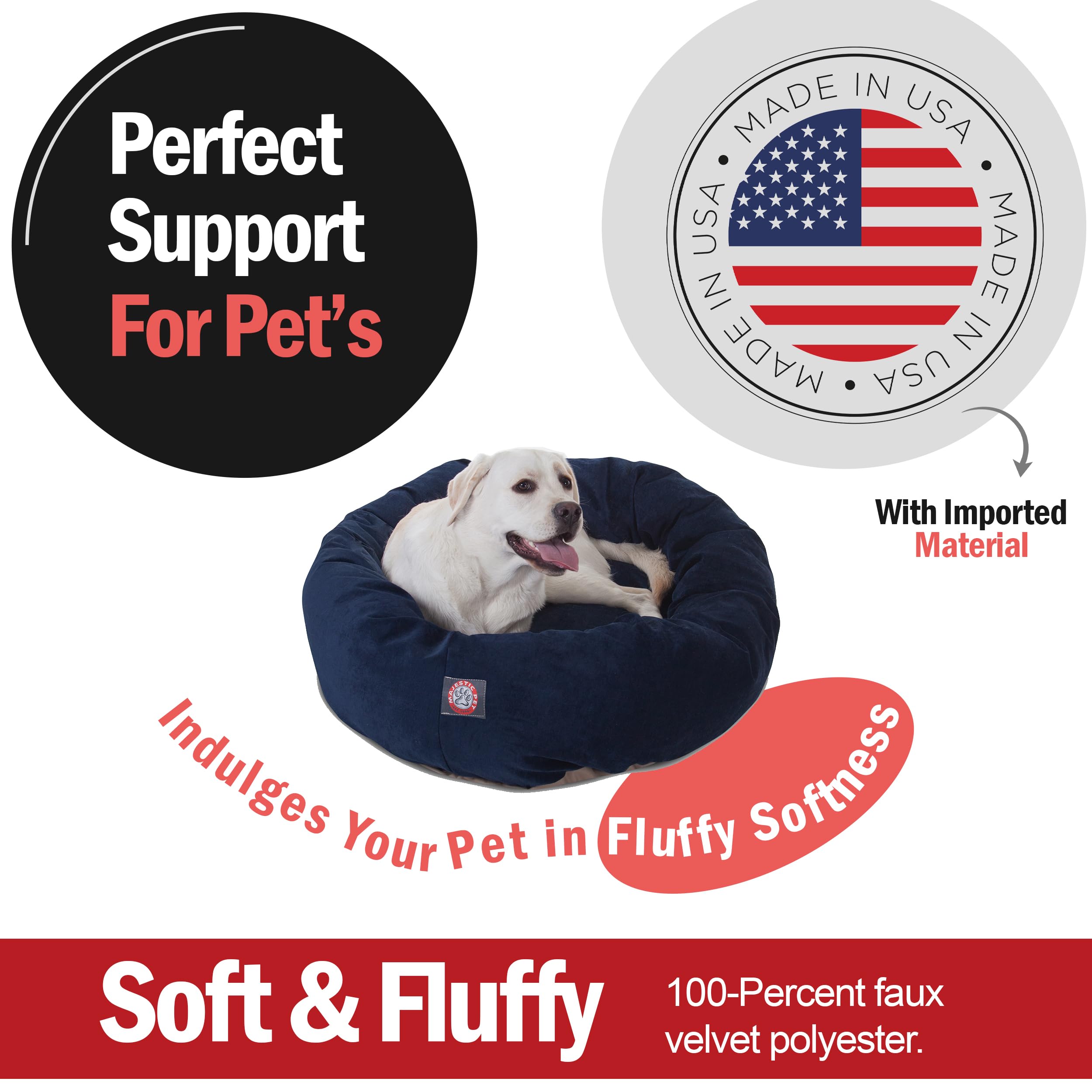 Majestic Pet 40 Inch Micro Velvet Calming Dog Bed Washable – Cozy Soft Round Dog Bed With Spine For Head Support - Fluffy Donut Dog Bed 40X29X9 (Inch) – Round Pet Bed Large – Navy