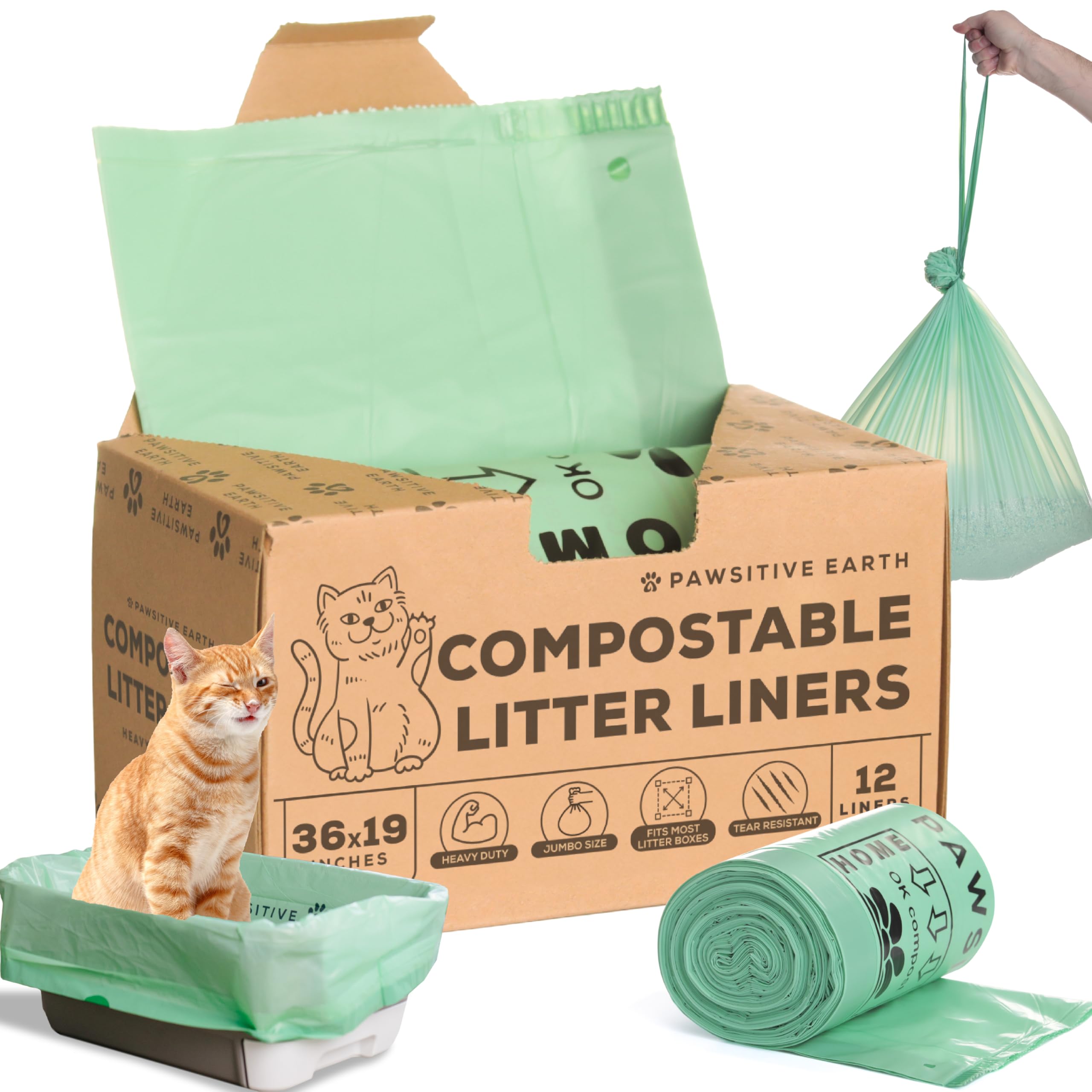 Cat Litter Box Liners 100% Compostable - Drawstring Close - 12 Count - Jumbo Size 36'' X 19'' - Tear & Leak Resistant - Ok Compo