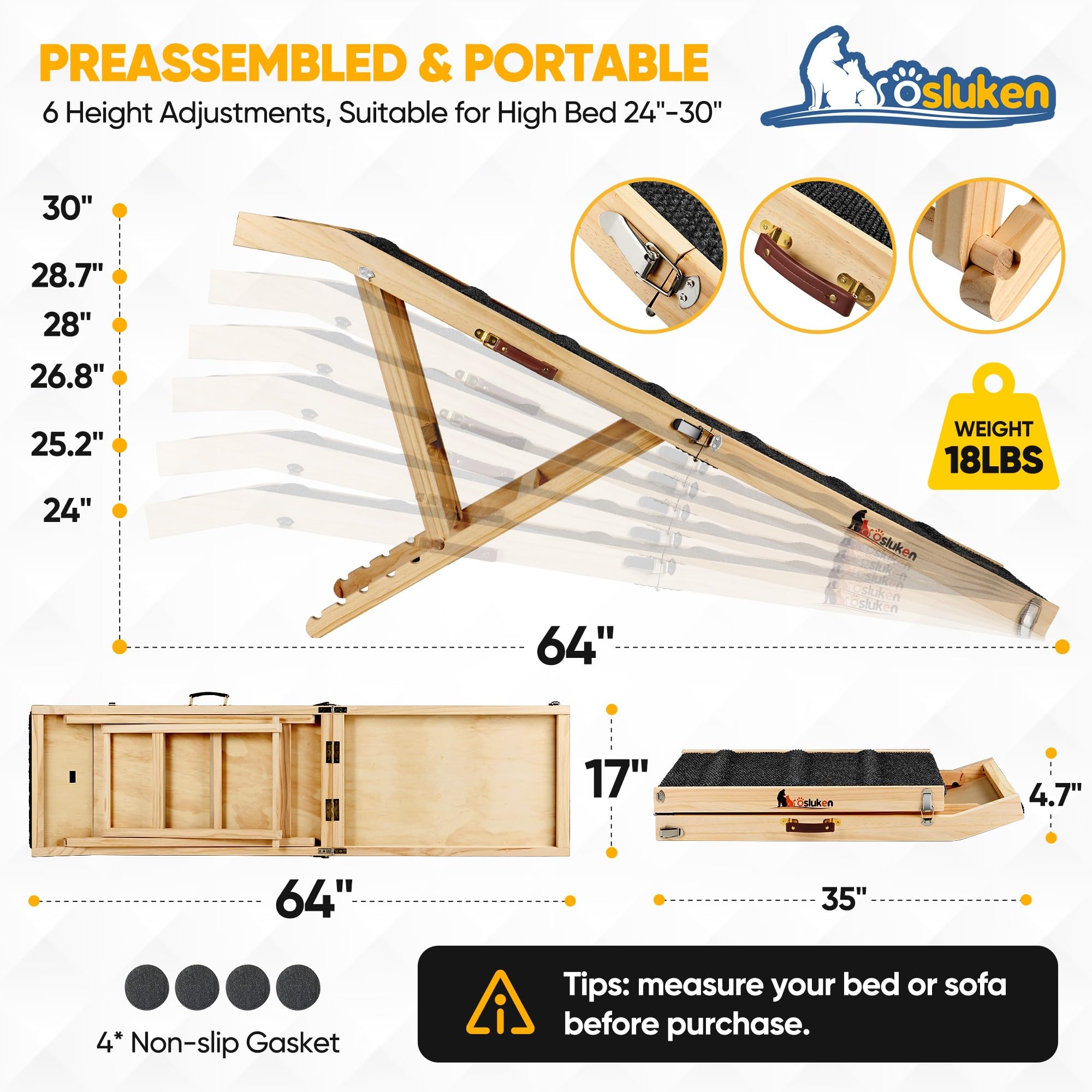 ???????? ???????????????? Dog Ramp for Bed, 64 Long Foldable Pet Ramp for Small Large Dogs, Dog Ramps for High Beds Car, High Tr