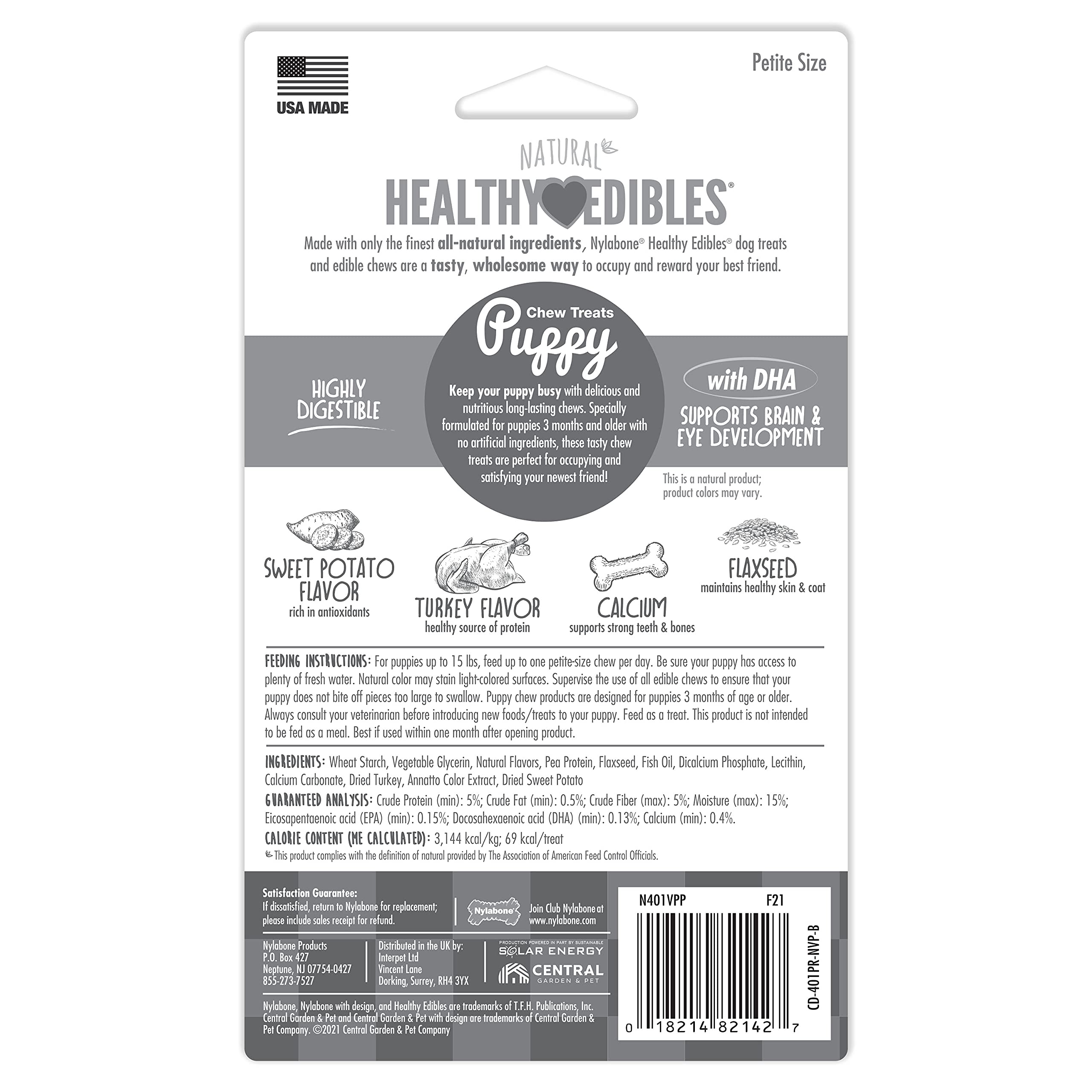 Nylabone Healthy Edibles Natural Puppy Chews Long Lasting Treats for Puppies, Turkey & Sweet Potato Flavor, X-Small/Petite (4 Co