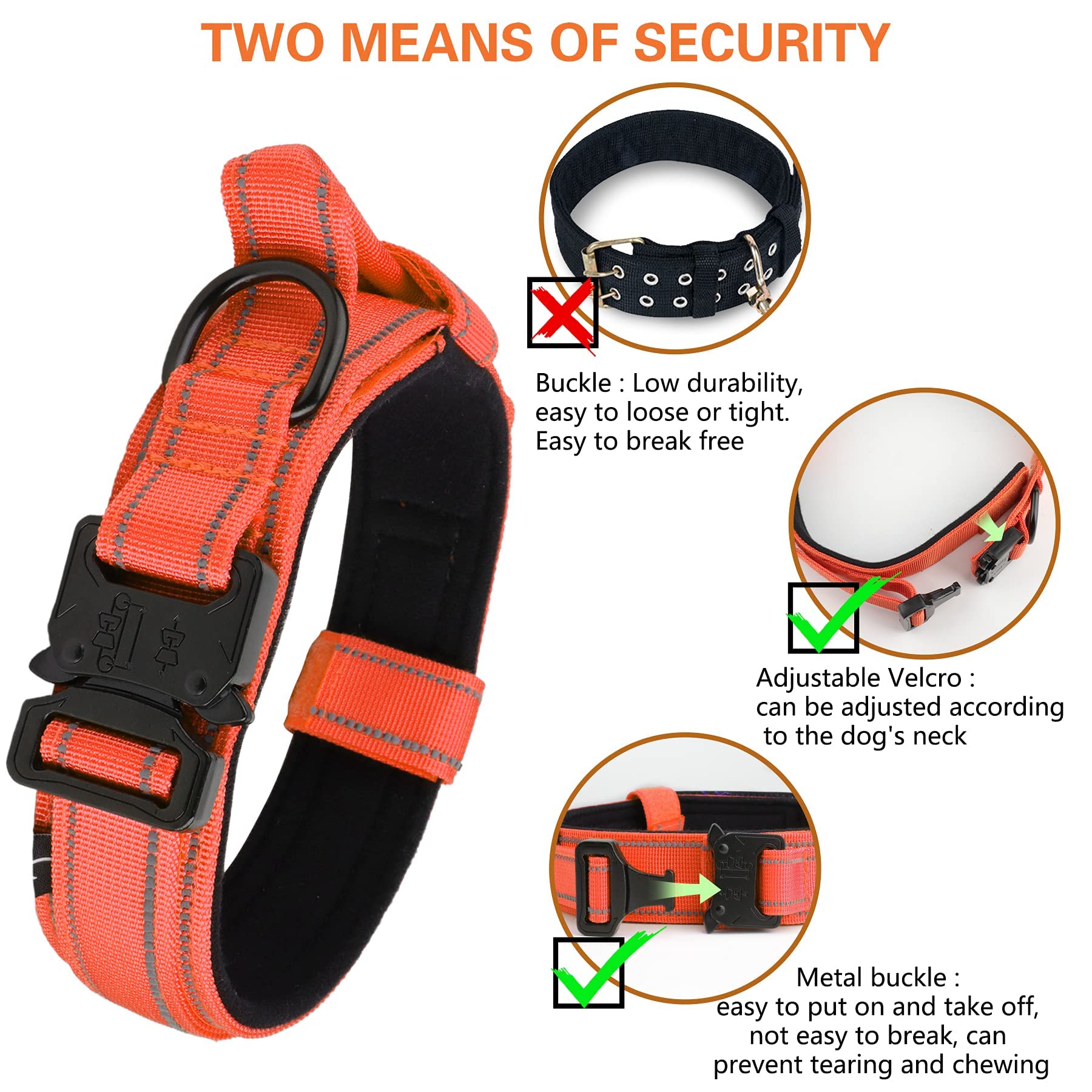 Tactical Dog Collar- Kcucop Military Dog Collar With Reflective Collar And American Flag Patch With Handle Heavy Duty Metal Buckle 1.5' Width Nylon Thick Adjustable K9 Collar(Orange Reflective-Xl)