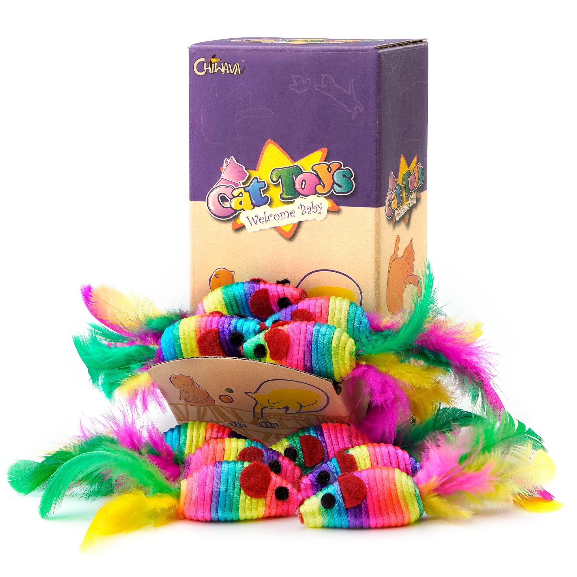 Chiwava 24Pcs 5'' Rattle Cat Toys Mice With Feathers Rainbow Rope Mouse Kitten Interactive Toy Assorted Color