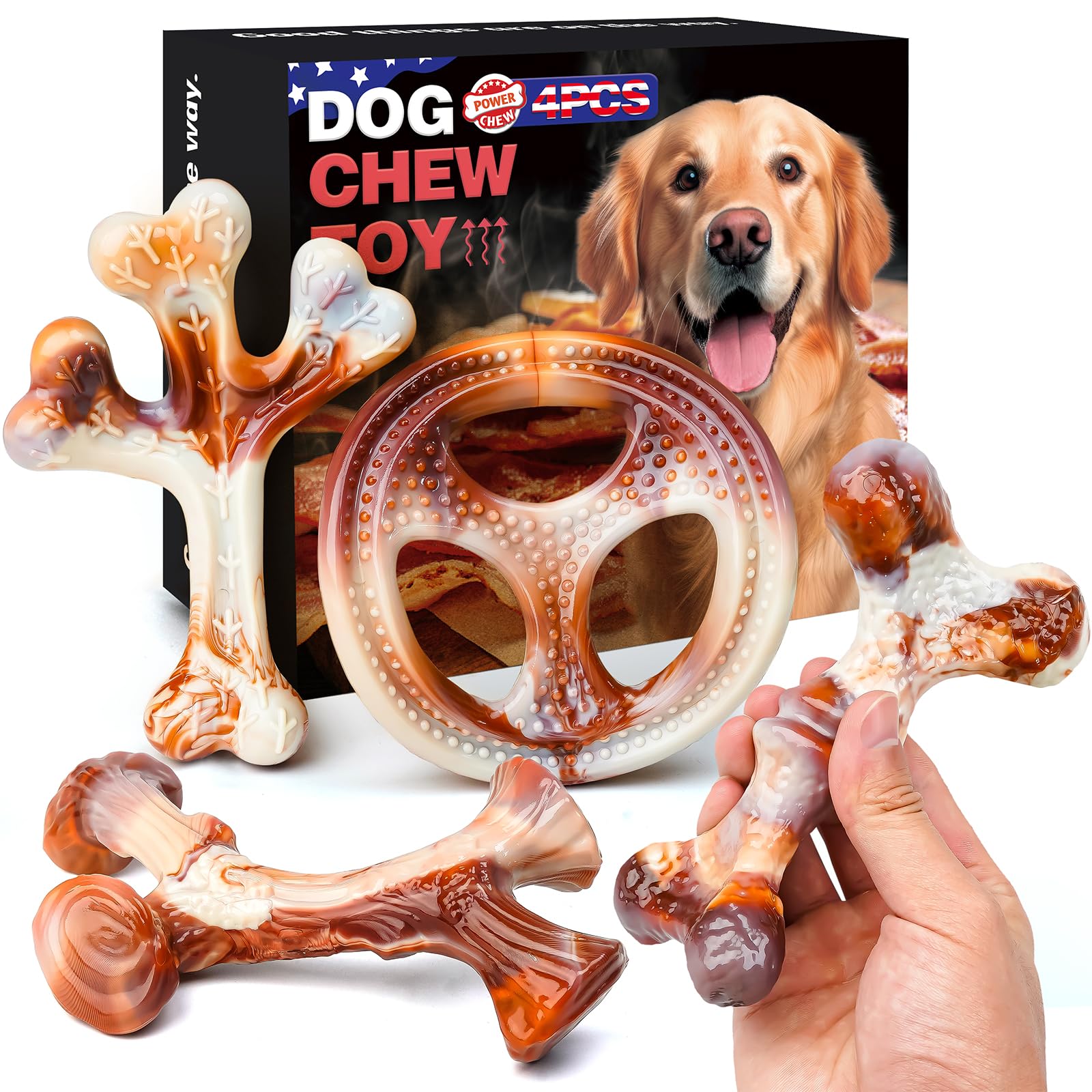 Osord 4 Pack Dog Chew Toys For Aggressive Chewers - Tough Indestructible Dog Toys With Bacon Flavor- Durable Nylon Bones Toy For
