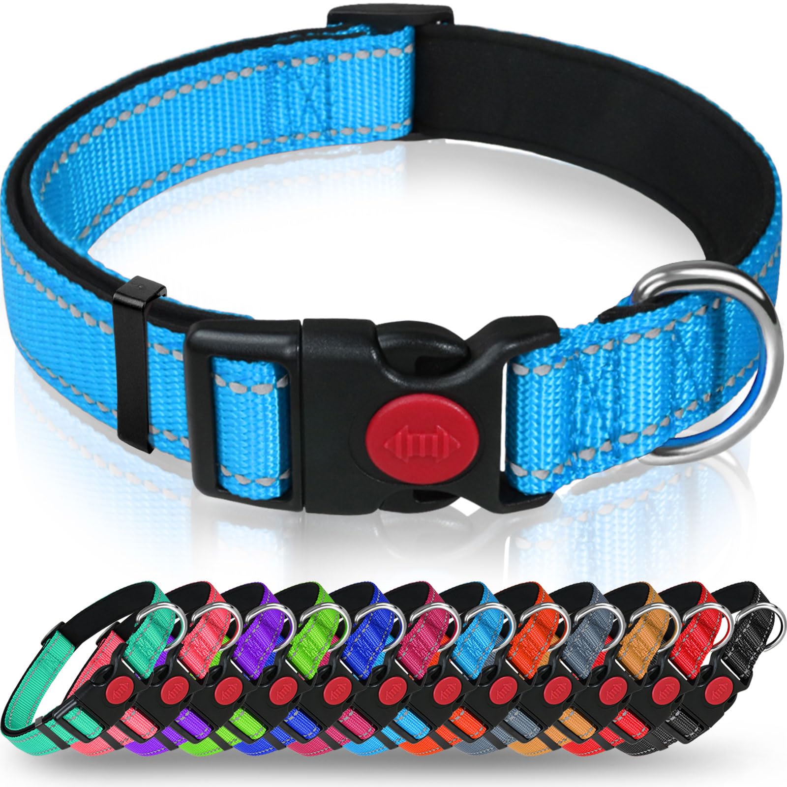 Taglory Reflective Dog Collar With Safety Locking Buckle, Adjustable Nylon Pet Collars For Large Dogs, Light Blue