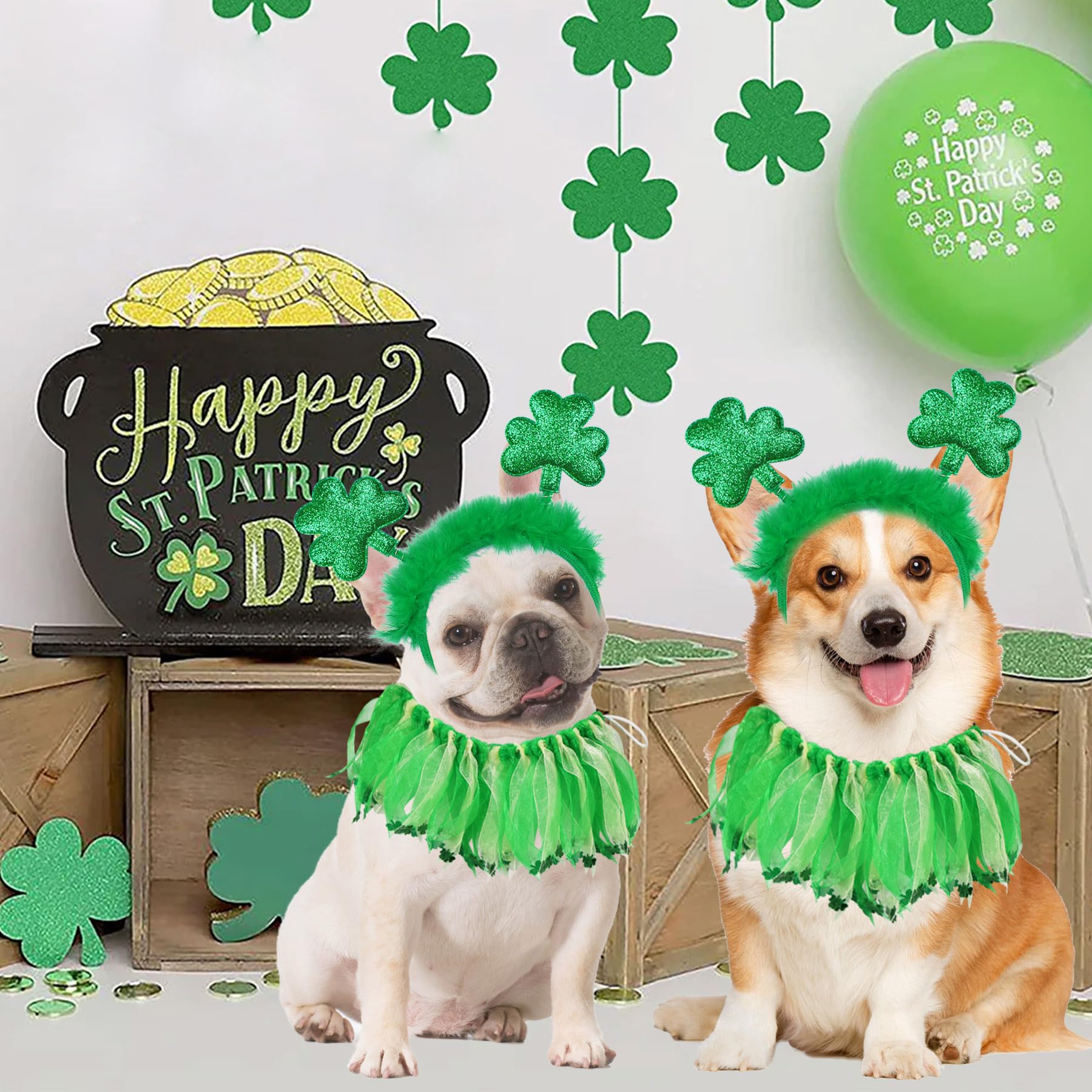 GOYOSWA Dog St. Patrick's Day Outfit, St Patricks Day Dog Costume Clothes Green Glitter Shamrock Dog Headband Dog Collar with Sh