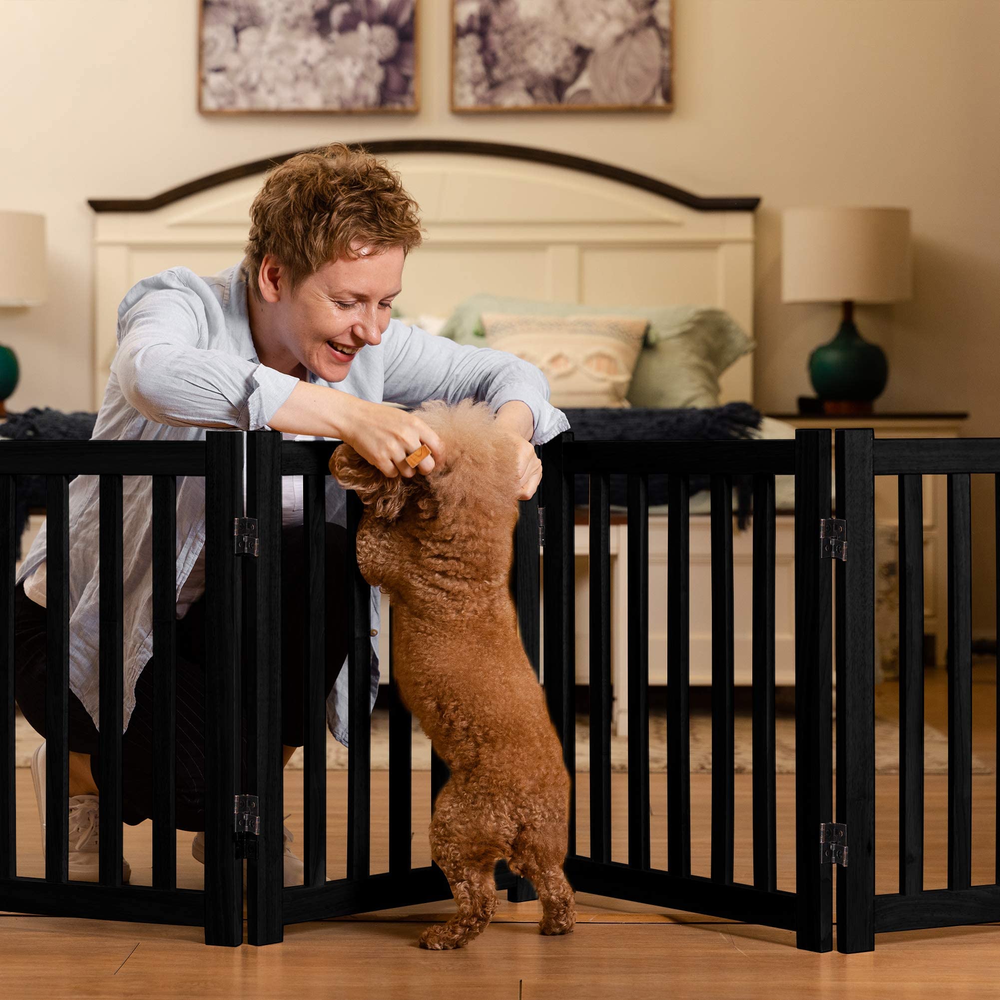 Lzrs Solid Hardwood Freestanding Pet Gate,Wooden Dog Gates For Doorways,Nature Wood Dog Gates For The House,Dog Gate For Stairs,Freestanding Indoor Gate Safety Fence,Black,24' Height-4 Panels