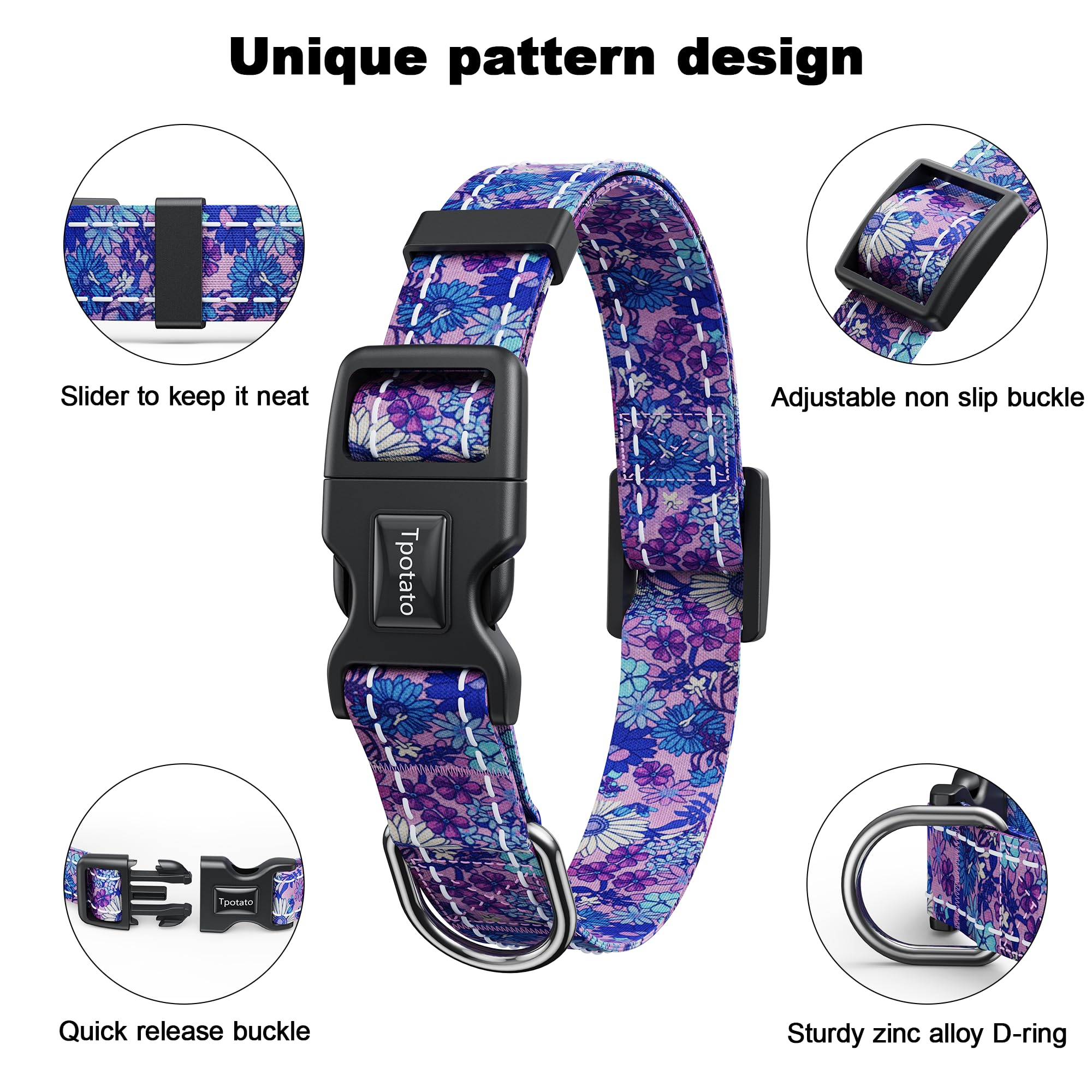 Tpotato Reflective Combination Pattern Girl Dog Collar for Puppy Small Medium Large Breed Dogs,Female Cute Floral Designer Dog C