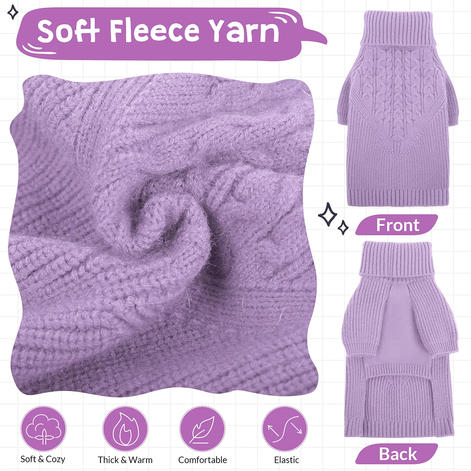 Queenmore Dog Sweater For Small Puppies & Large Dogs - Warm Winter Fall Sweater, Solid Turtleneck Knit With Long Sleeves, Lilac
