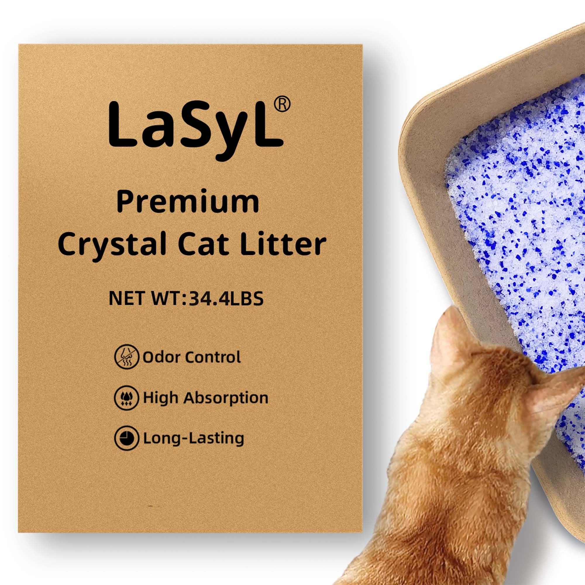 LaSyL Premium Crystal Cat Litter - 34.4 lb, Four Months Lasting - Superior Odor Control & Absorption, Non-Clumping, Low Tracking