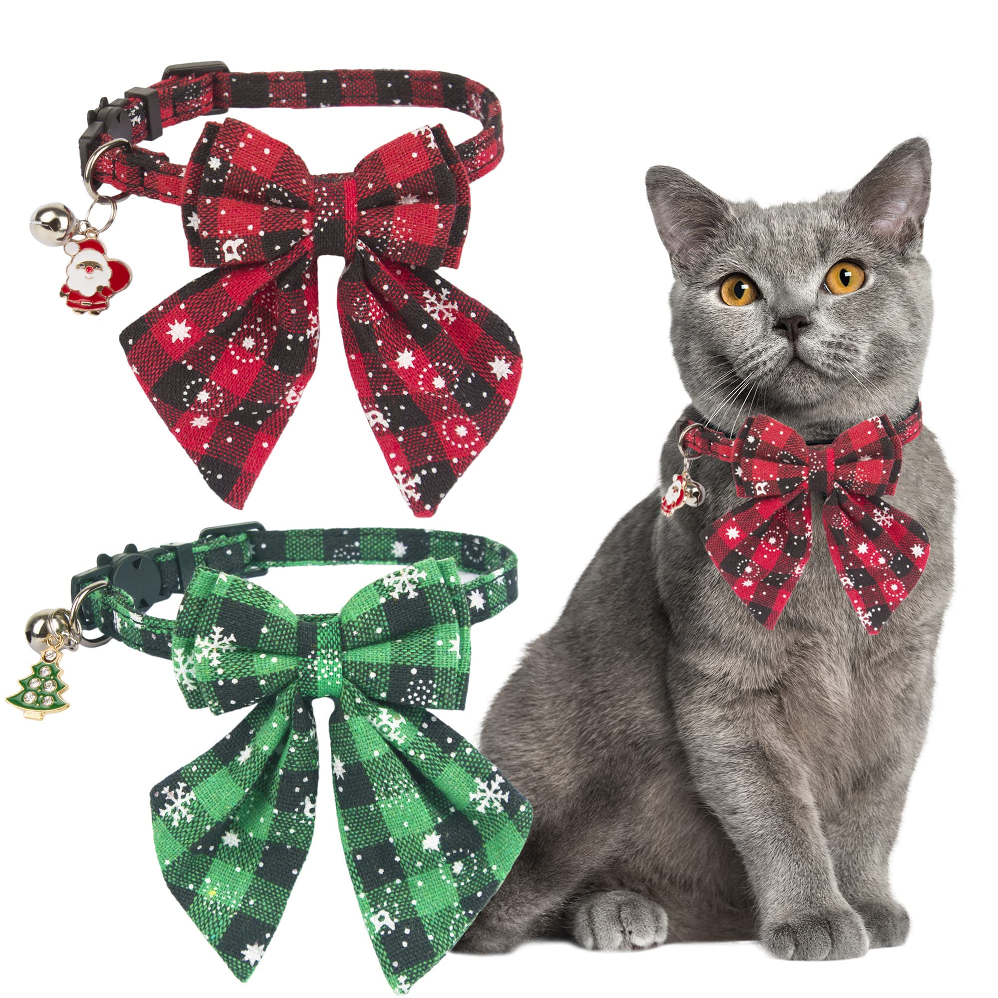 Adoggygo Christmas Cat Collars Breakaway With Stylish Bow, 2 Pack Red Green Plaid With Snowflake Christmas Kitten Collar With Bell, Removable Bowtie Cat Christmas Collar For Cats (7.5'- 10.5', Bow-2)