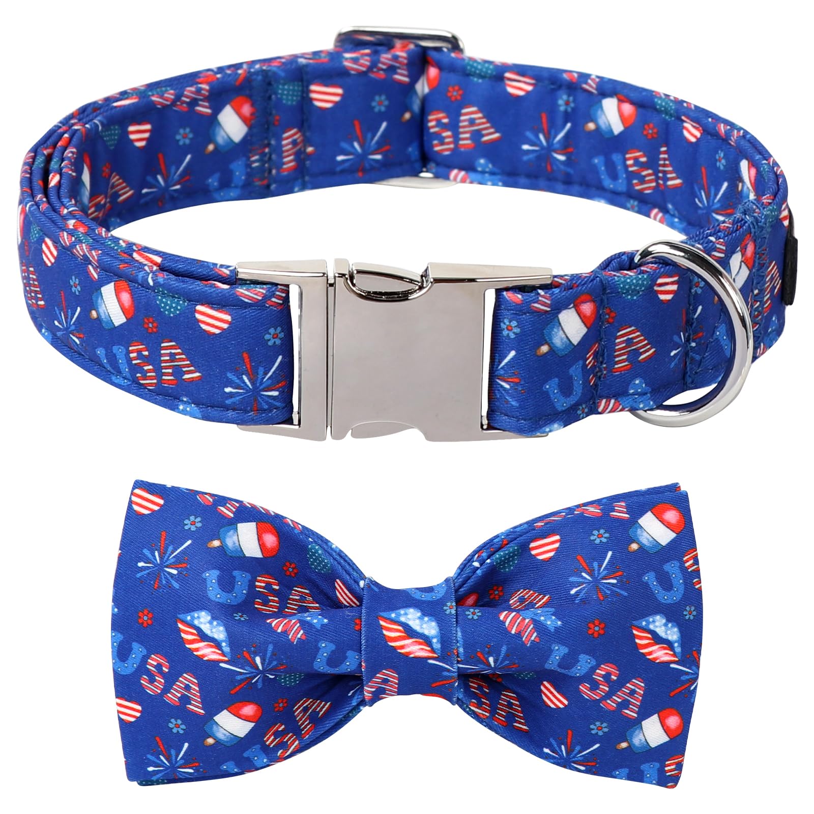 Lionet Paws 4Th Of July Dog Collar With Bowtie, Cute Summer Blue Dog Collar For Girl For Large Dogs, Adjustable Popsicle Pet Col