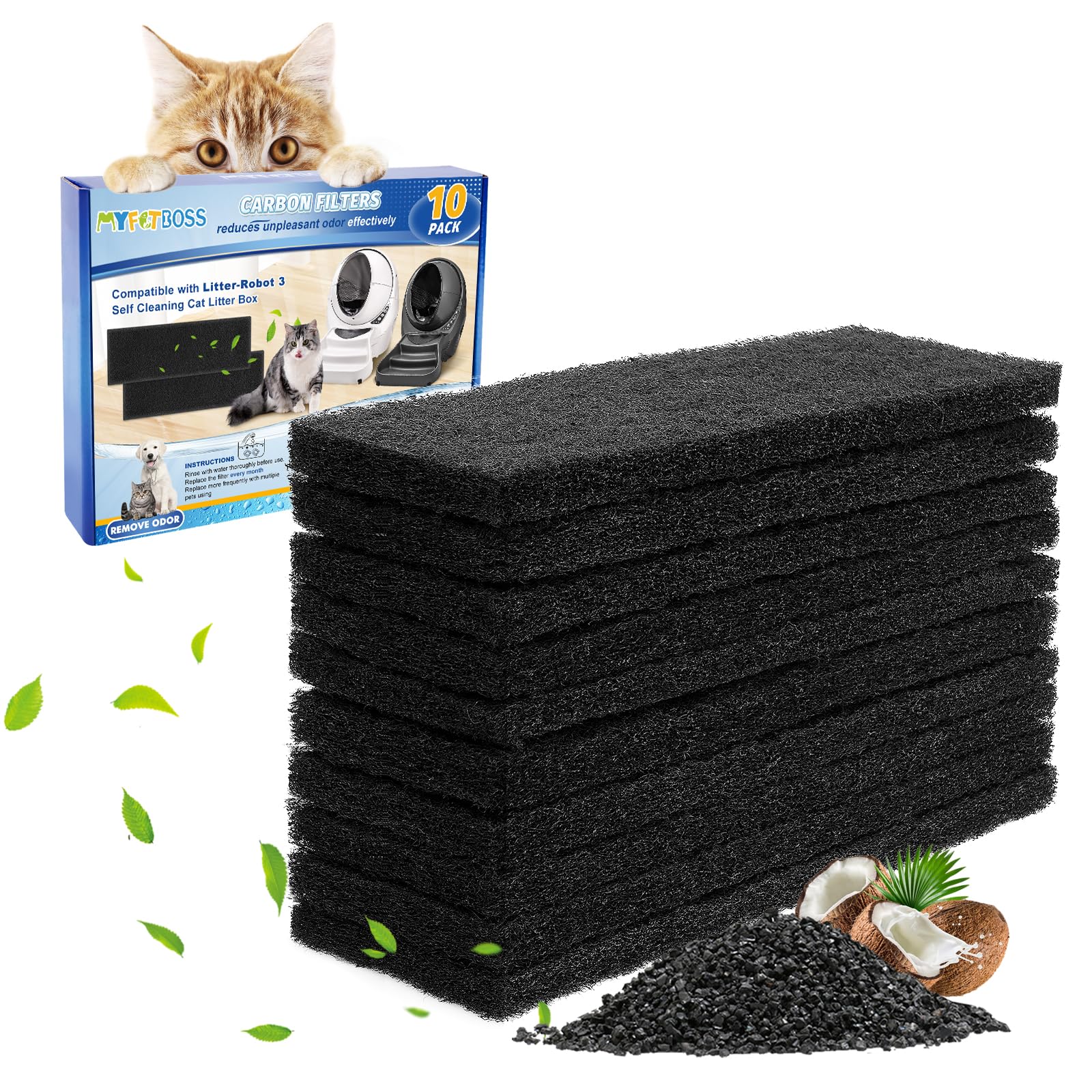 Myfatboss 10-Pack Carbon Filters Compatible With Litter-Robot 3, Activated Carbon Litter Box Filter Compatible With Litter-Robot