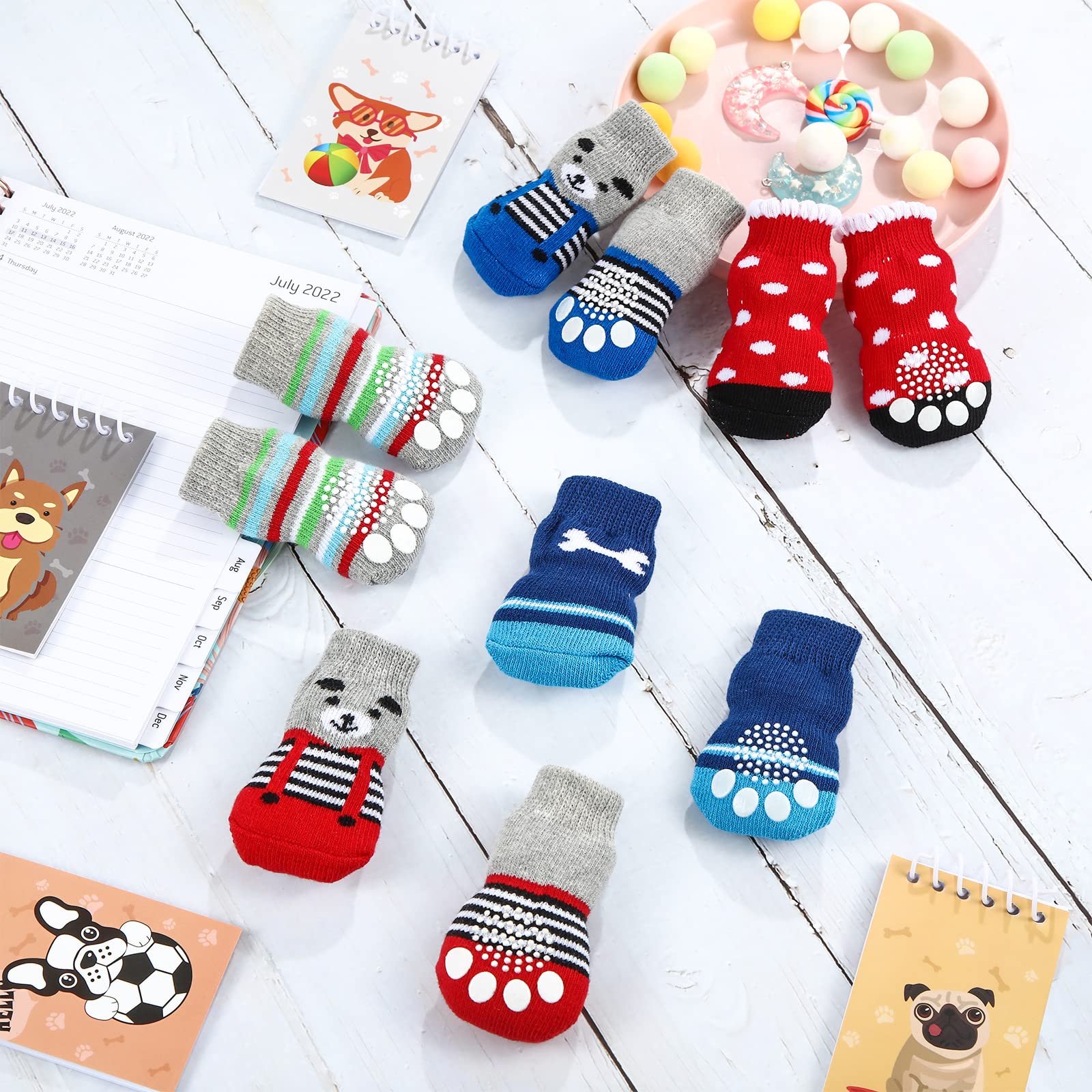 24 Pieces Dog Socks For Small Medium Dogs Non Slip Skid Pet Puppy Doggie Grip Socks Paw Protectors Indoor Traction Control Socks For Hardwood Floor Protection, 6 Styles(Large)