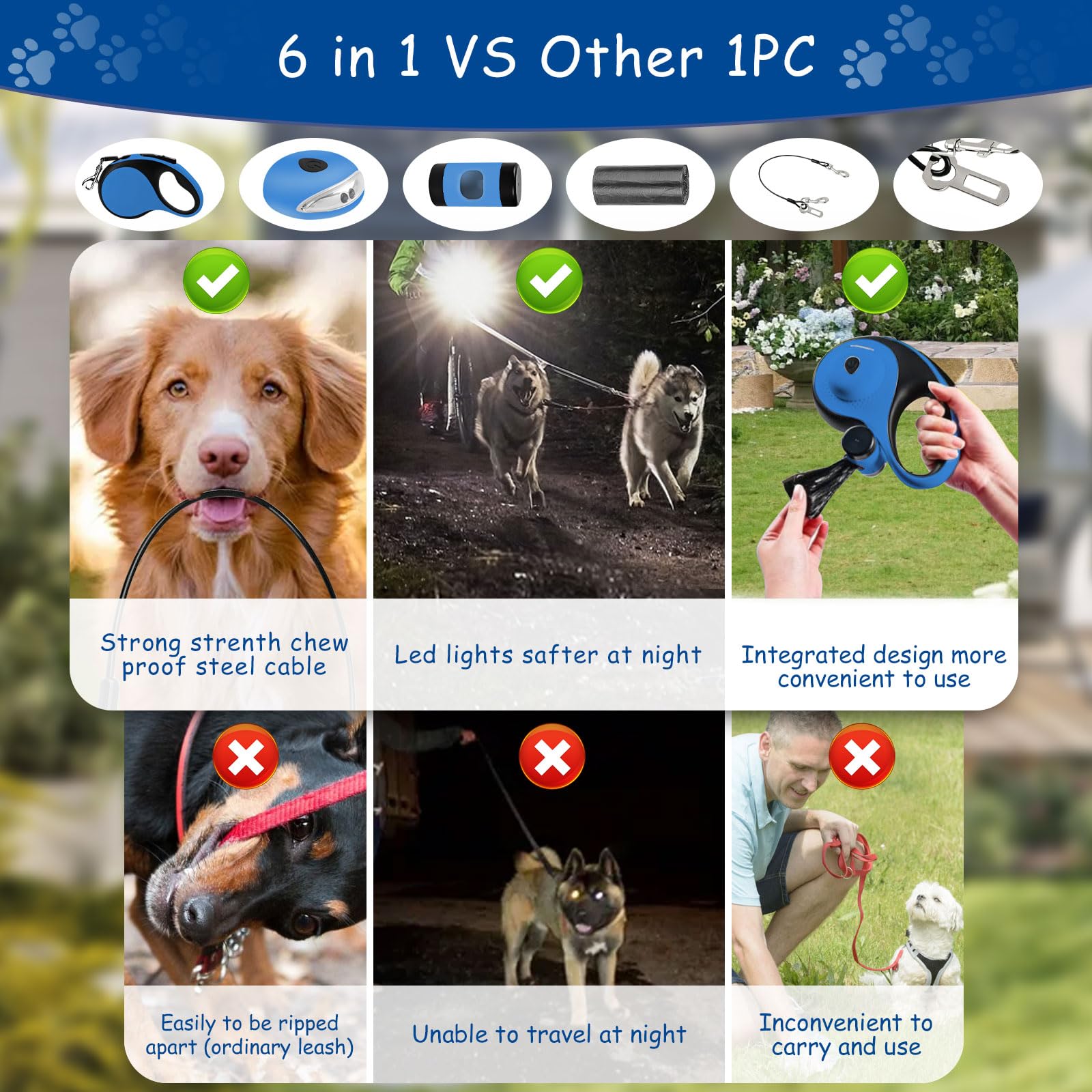 26Ft Retractable Dog Leash - for Dog Up to 110lbs, Tangle Free Walking Leash with Chew Proof Cable | LED Light | Dispenser | Poo