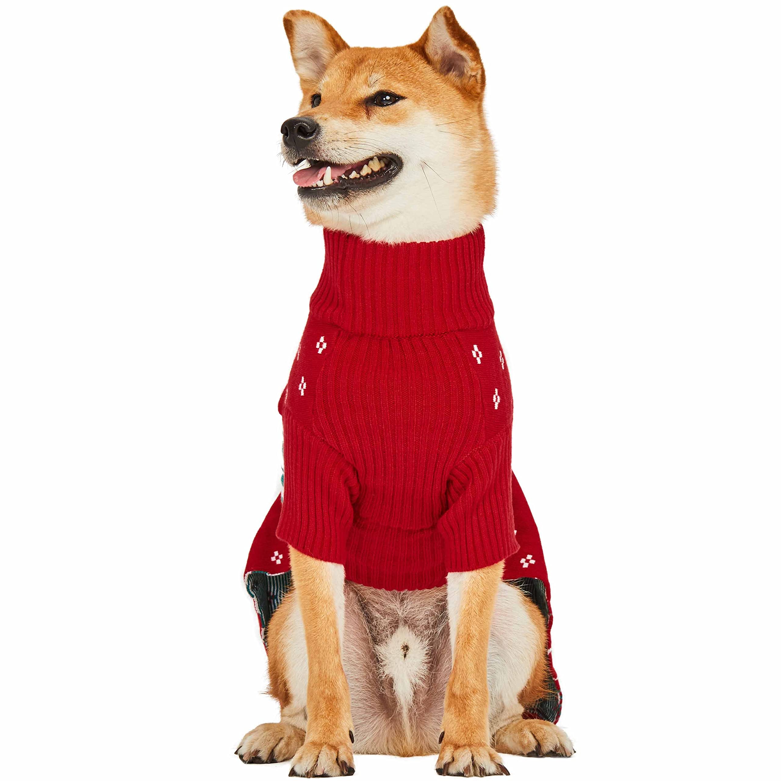 Blueberry Pet Christmas Tree And Snowflake Dog Sweater In Festive Red, Back Length 10', Pack Of 1 Clothes For Dogs