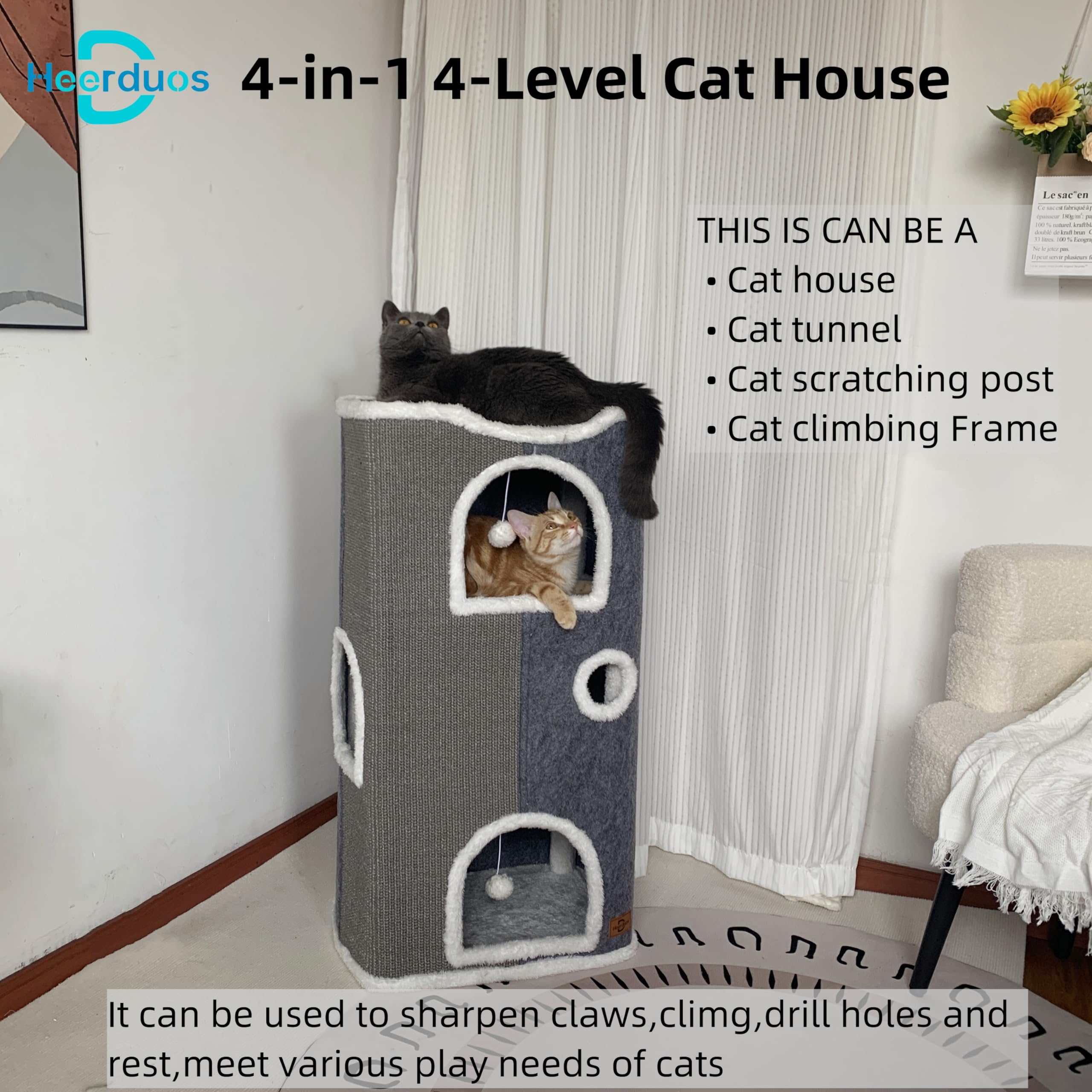 Heerduos 4-Level Cat House For Indoor Cats,Covered Cat Beds And Furniture With Scratch Pad,Hideaway Cave &Cushions,Modern Cat To