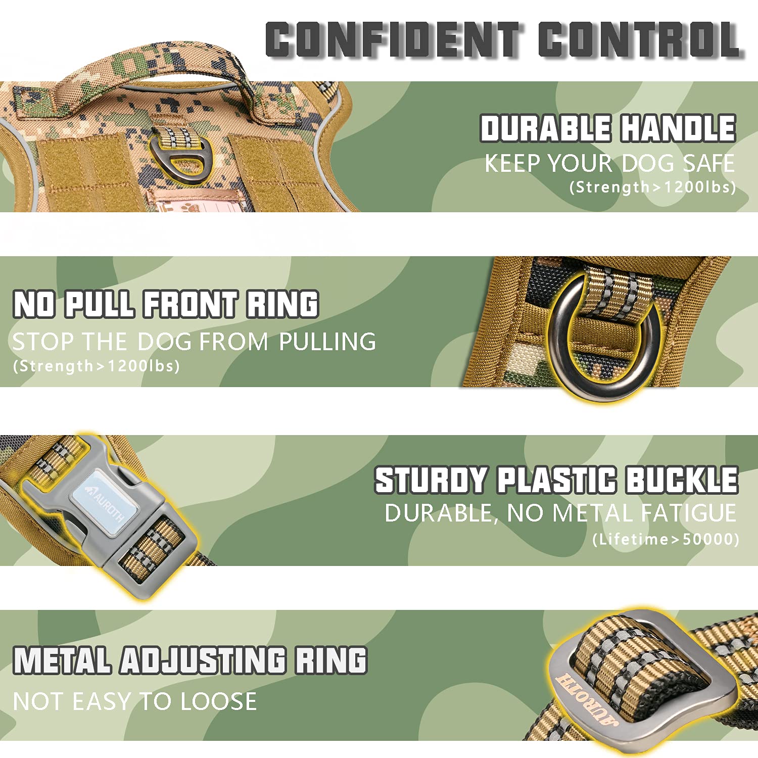 Auroth Tactical Dog Harness For Small Medium Dogs No Pull Adjustable Pet Harness Reflective K9 Working Training Easy Control Pet Vest Military Service Dog Harnesses Woodland Camo S