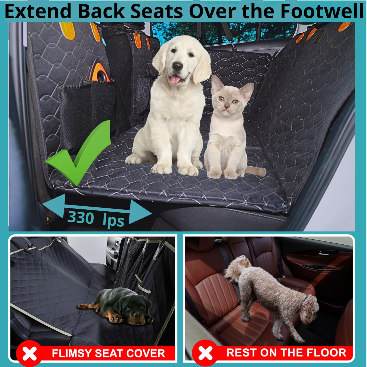 Back Seat Extender For Dogs-Supports 330Lbs,Waterproof Dog Car Seat Cover With Hard Bottom,Mesh Window,Storage Pockets,600D Heav