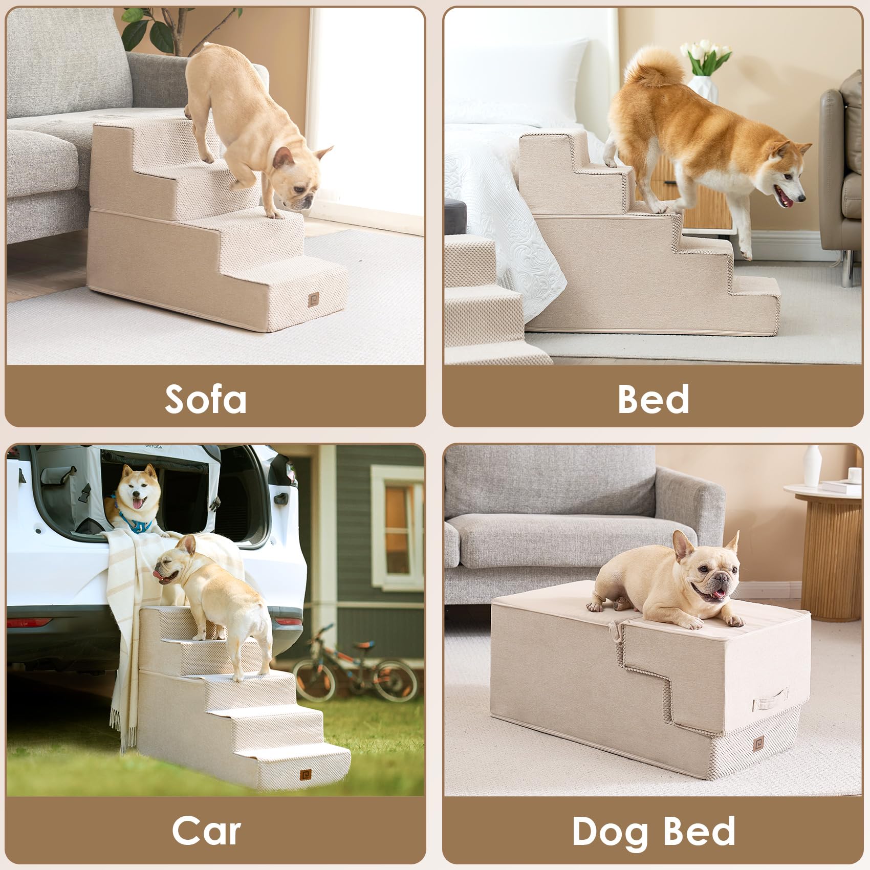 Eheyciga Dog Stairs For High Bed 22.5”H, 5-Step Dog Steps For Bed, Pet Steps For Small Dogs And Cats, Non-Slip Balanced Dog Indoor Ramp, Beige