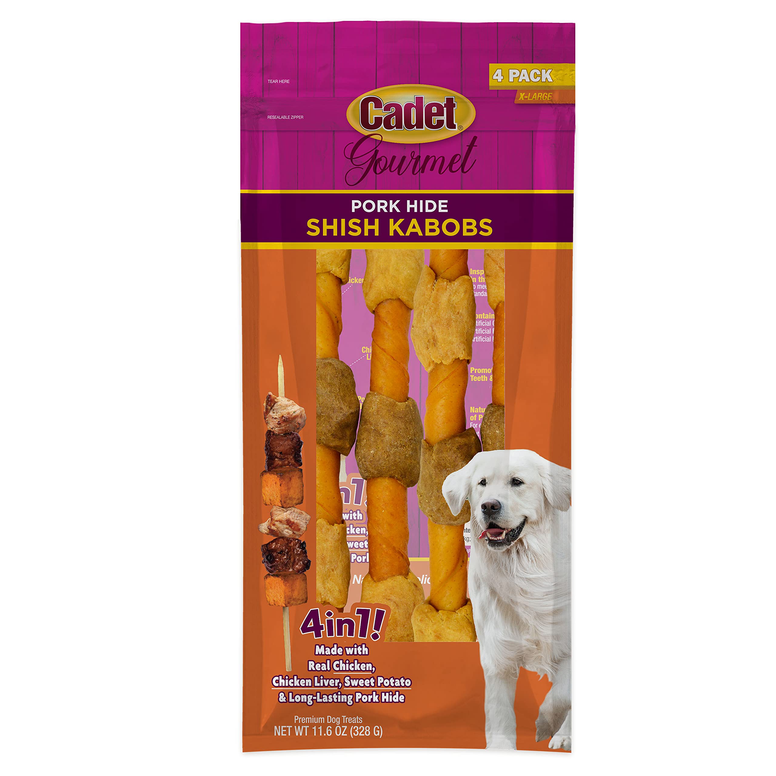 Cadet Gourmet Shish Kabob Dog Treats for Large Dogs, Healthy & Natural Chicken & Sweet Potato Chew Sticks, Pork Hide, Extra Larg