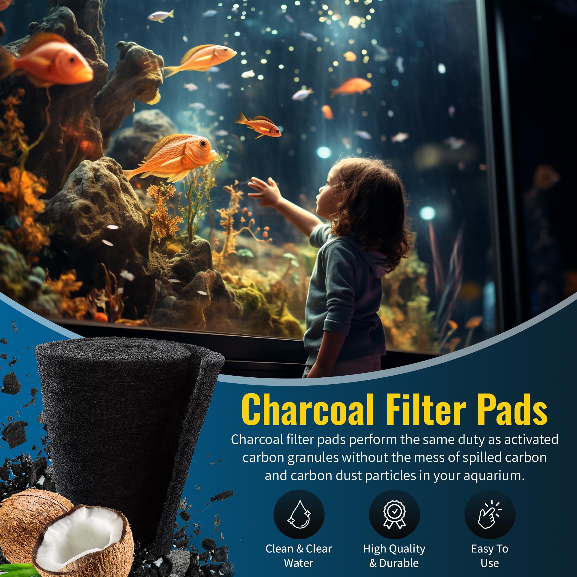 Cfs - Pack Of 2, Cut To Fit Carbon Infused Filter Pad Media For Clean & Clear Fish Tank And Ponds - Fresh & Filtered Water For A