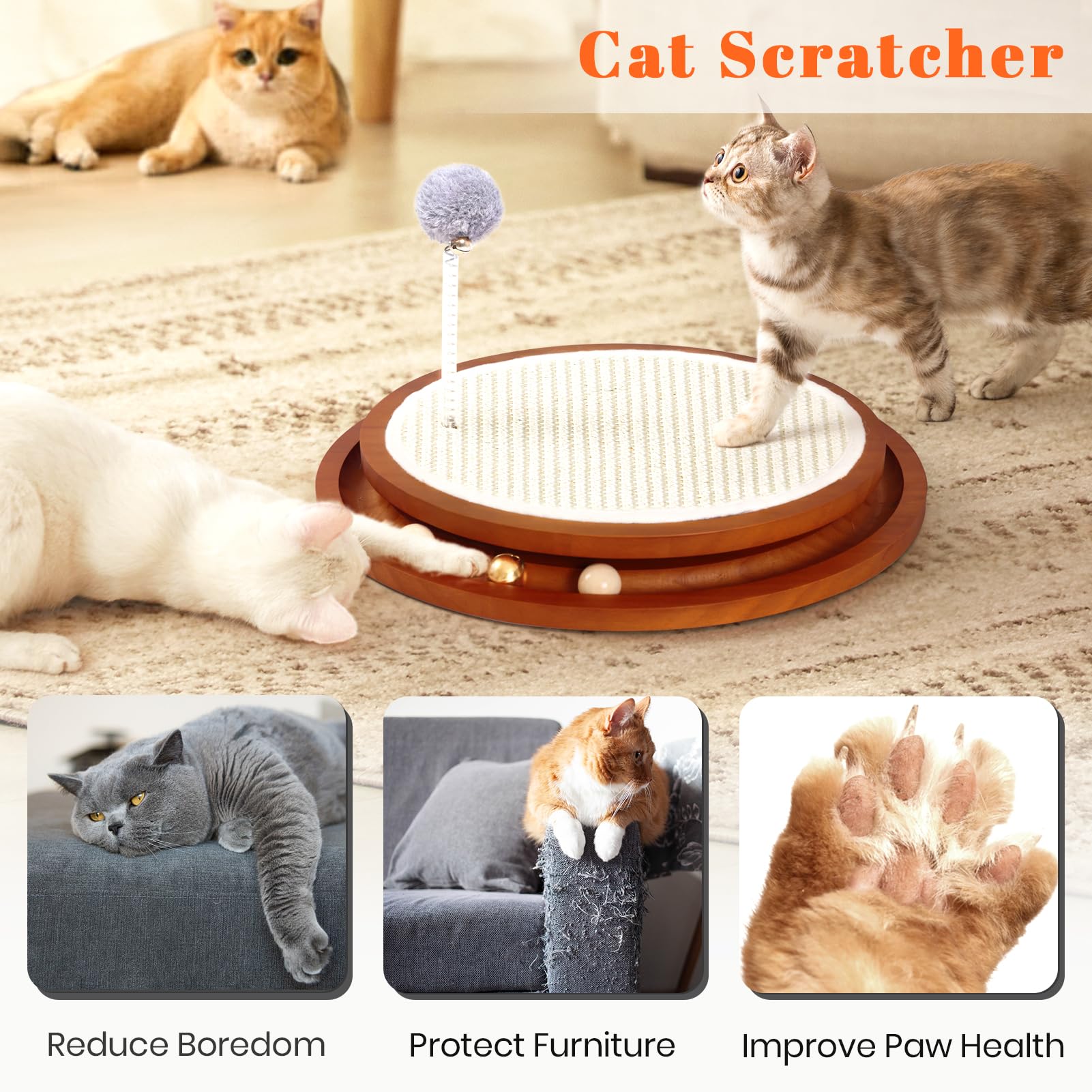 LMUGOOS Cat Scratcher - Sisal Pad with Wooden Roller Ball Toy, Medium, Brown, Model LM0611-B