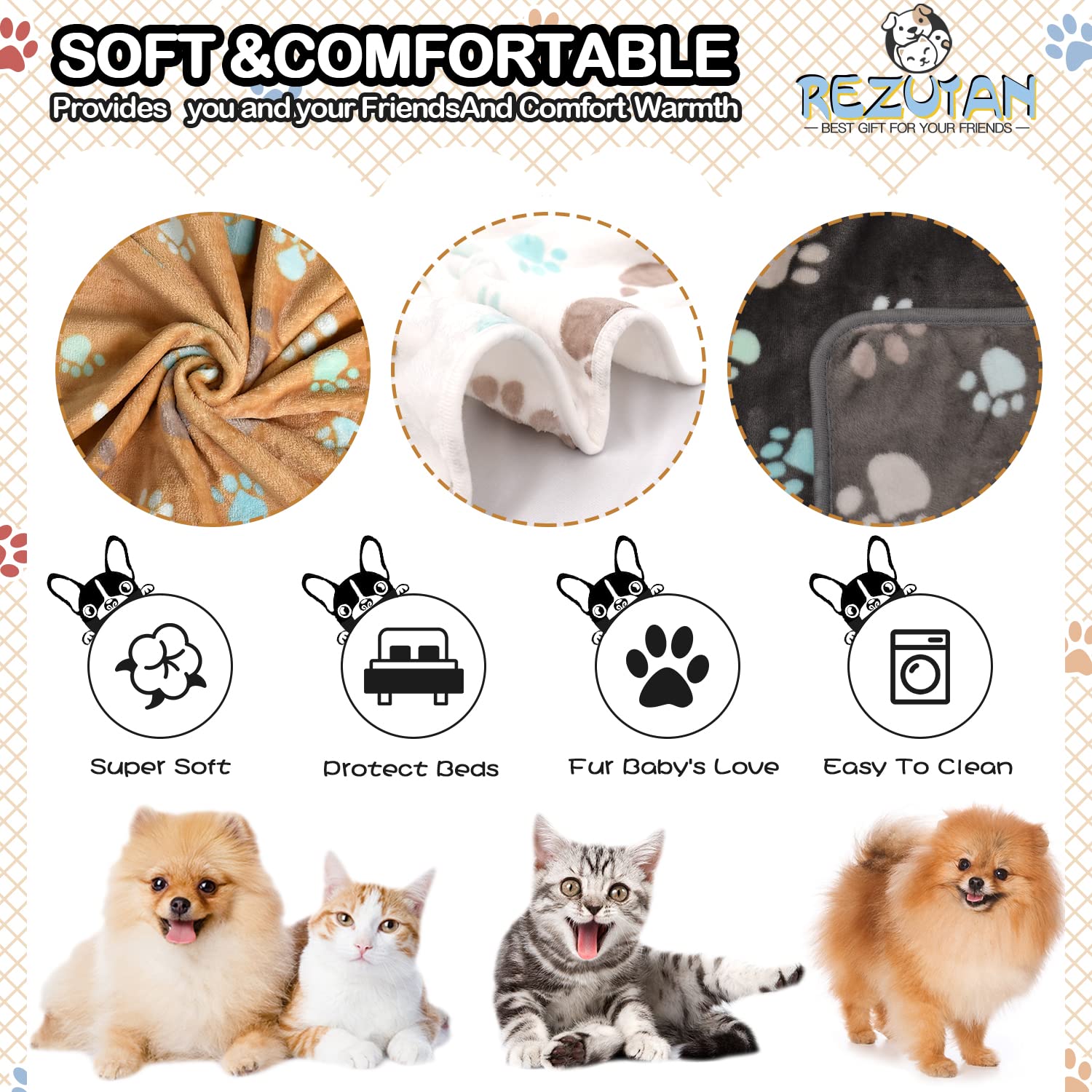 Blankets For Dogs 1 Pack 3,Super Soft Fluffy Premium Fleece Pet Blanket Flannel Throw For Dog Puppy Cat Paw,Grey/Brown/White,23X