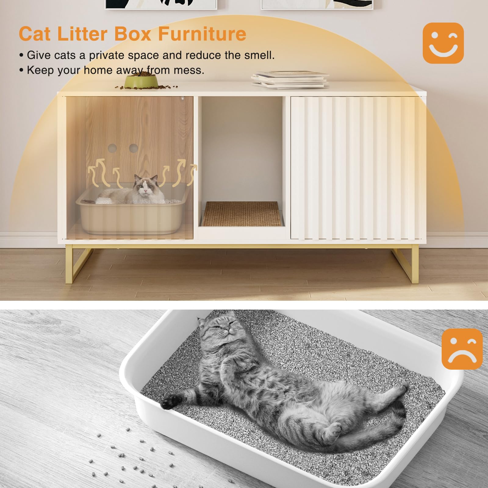 Cat Litter Box Enclosure For 2 Cats, 47.6'' Litter Box Furniture Hidden With Cat Scratch Pad, Double Room Large Cat Cabinet, Ind