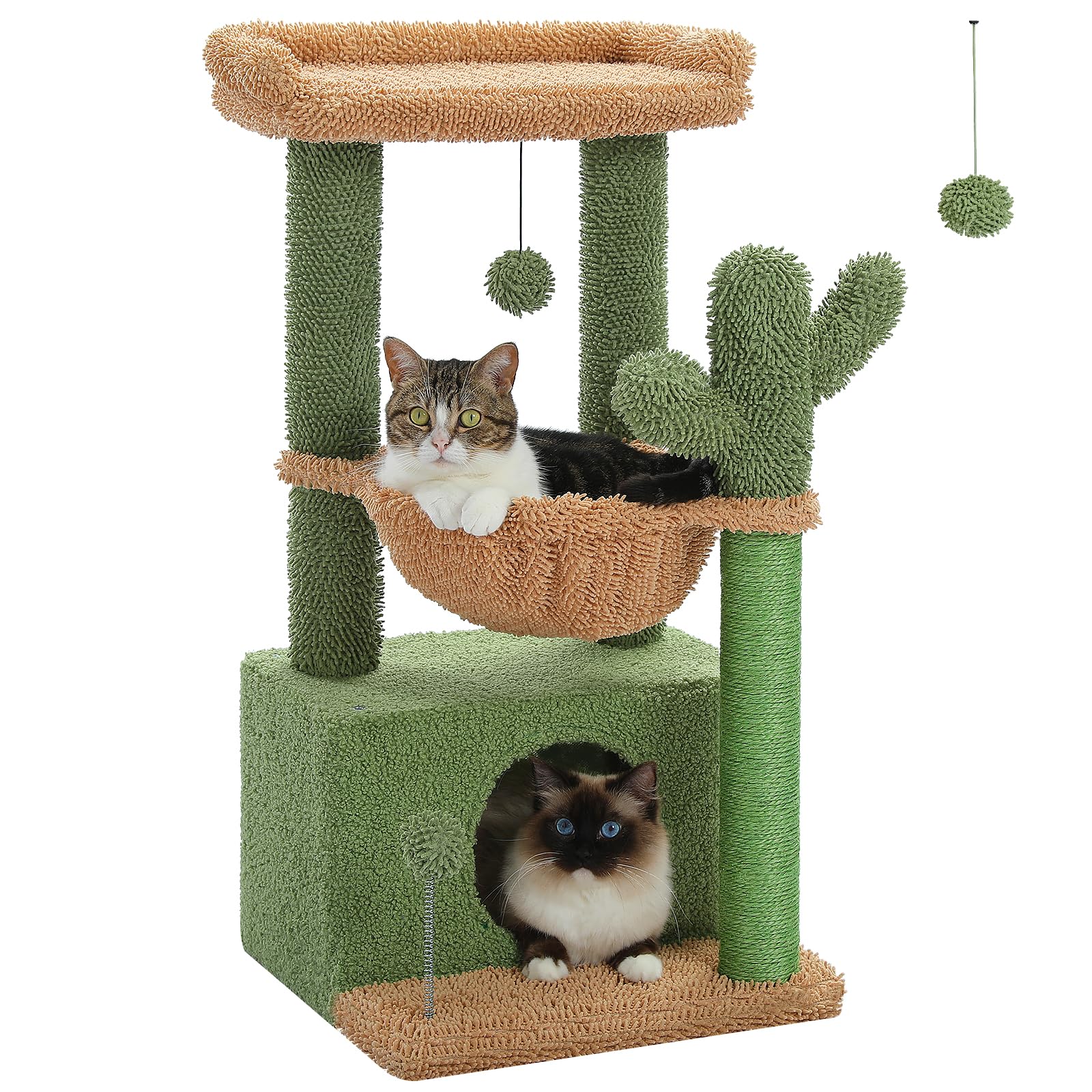 PEQULTI 4-in-1 Cactus Cat Tree, 33   Cat Tower for Indoor Cats with Large Condo, Cat Scratching Post for Cats with Deep Hammoc