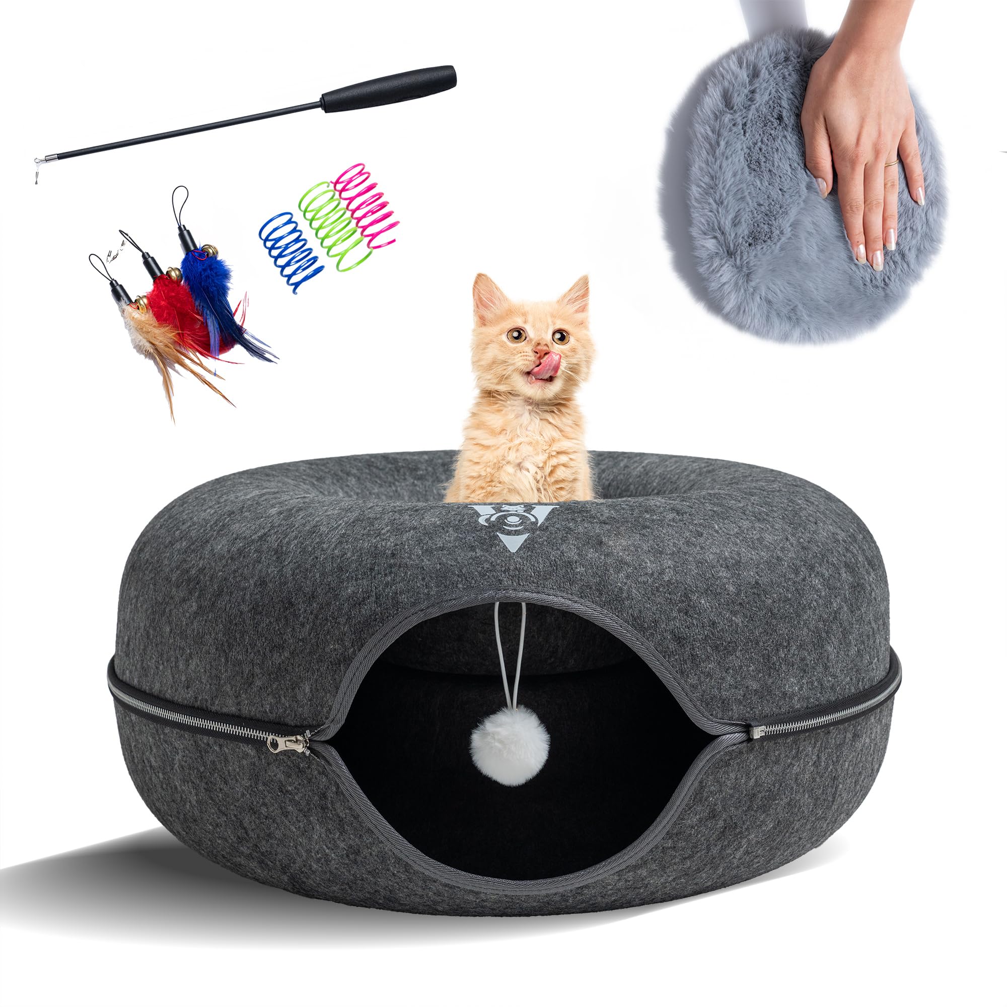 Premium Large Size 24 Inch Cat Tunnel Bed - With Upgraded Metal Zipper - Detachable Round Design - Washable - And Scratch Resist