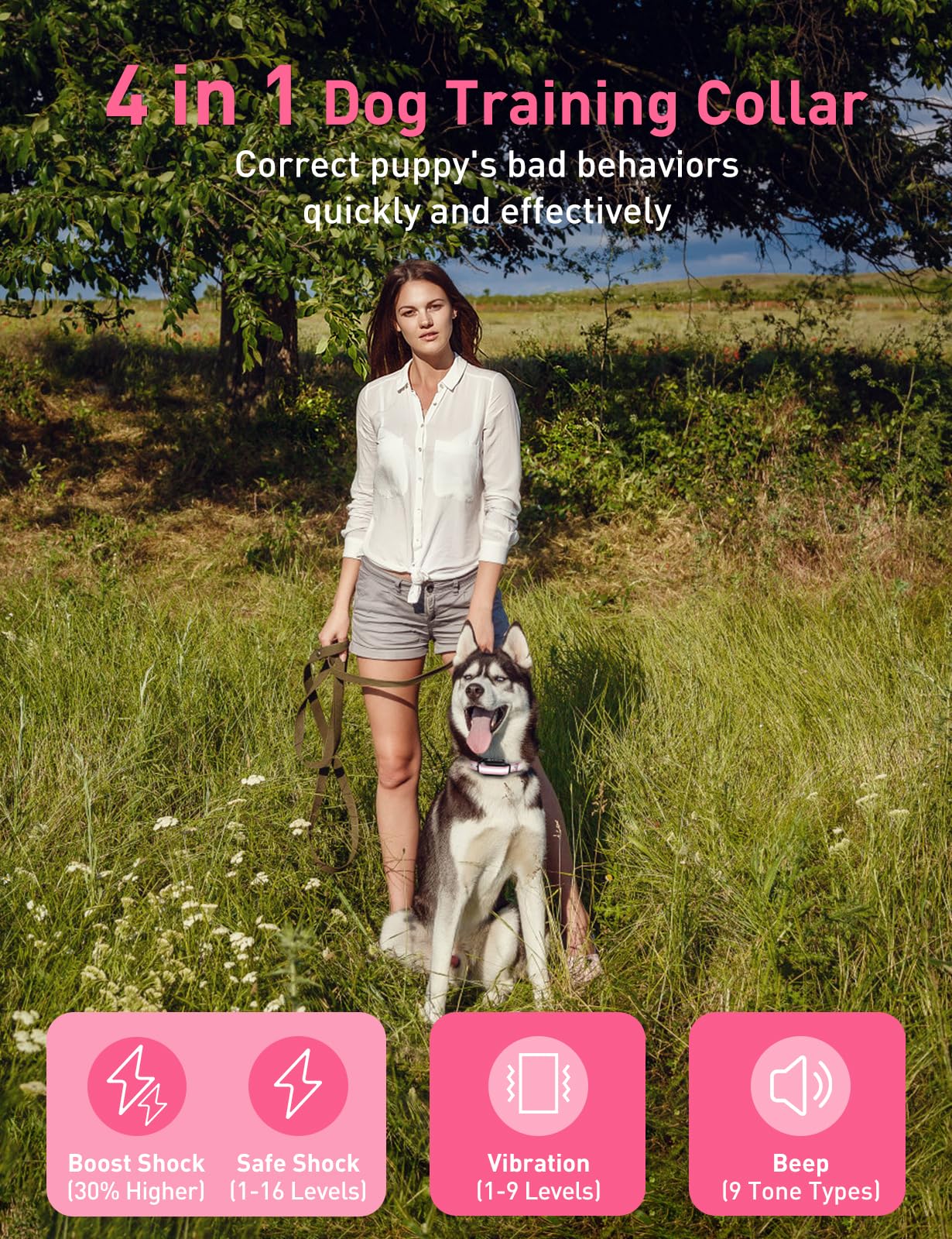 Dog Training Collar for 2 Dogs (10-120lbs), IPX7 Waterproof 4 in 1 Dog Correction Collar with Remote, 3300Ft Bark Collar With Re