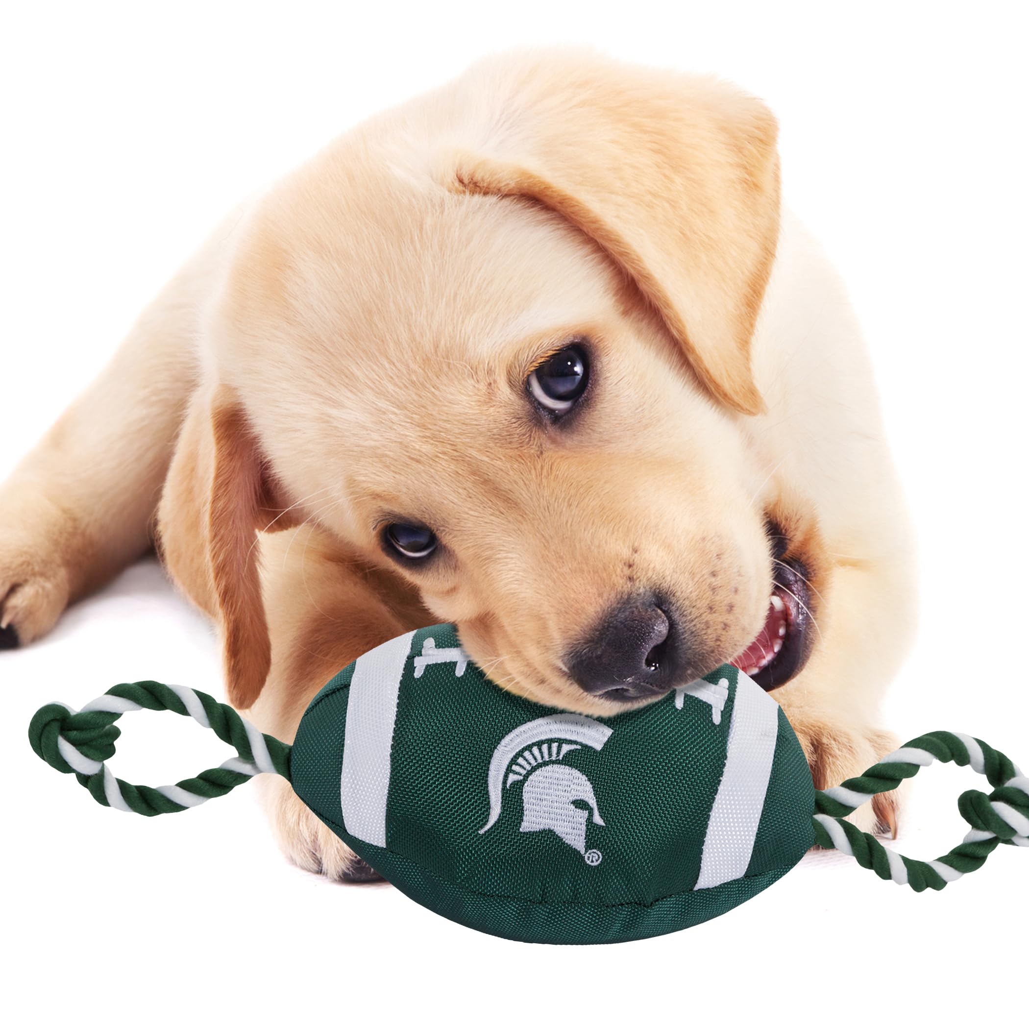 Pets First NCAA Michigan State Spartans Football Dog Toy, Tough Quality Nylon Materials, Strong Pull Ropes, Inner Squeaker, Coll