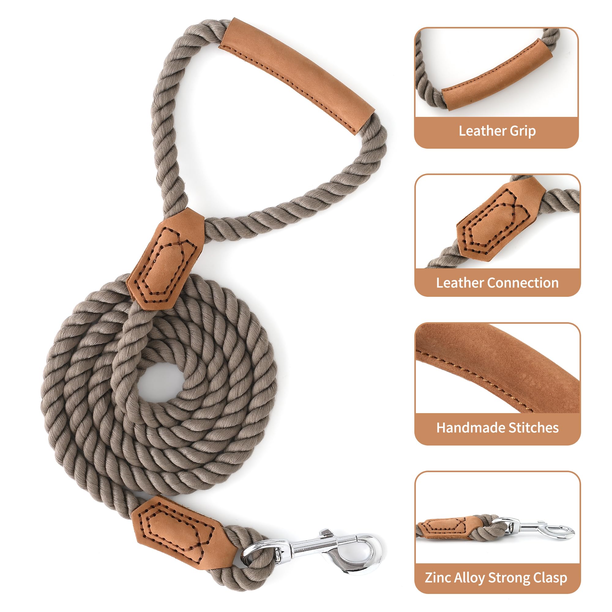 Mile High Life Dog Leash, Braided Cotton Rope Leashes With Leather Handle - Heavy Duty Metal Clasp, 4Ft, 1/2'' Thick - Wedding,