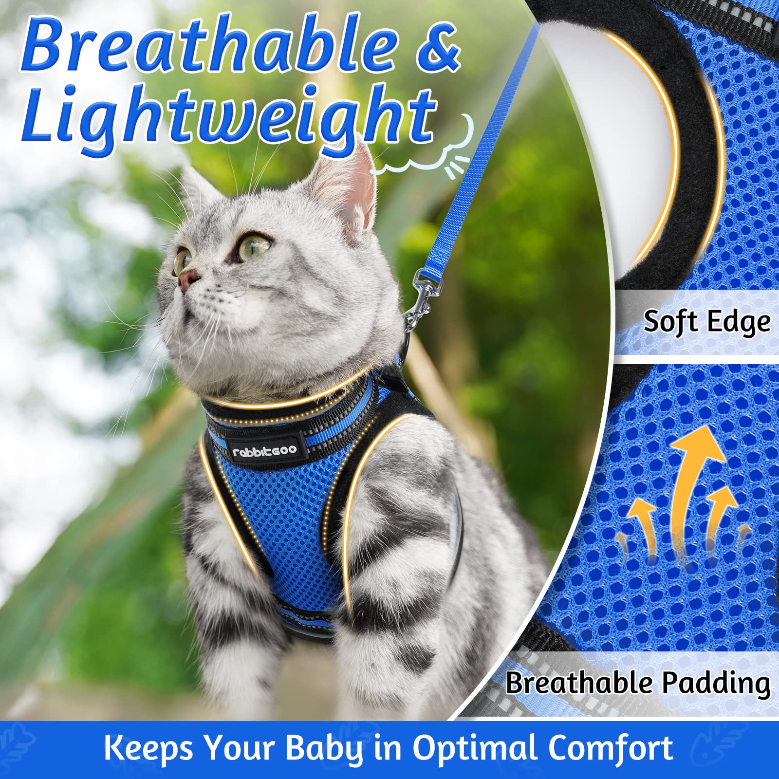 Rabbitgoo Cat Harness And Leash Set For Walking Escape Proof, Adjustable Soft Kittens Vest With Reflective Strip For Cats, Comfortable Outdoor Vest, Blue, S