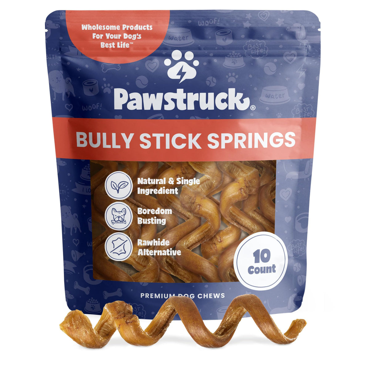 Pawstruck All-Natural 6' Bully Stick Springs For Dogs - Fun, Challenging, Rawhide-Free, 100% Beef, Single Ingredient Chew Bones - Fully Digestible, Low Odor - 10 Pack - Packaging May Vary