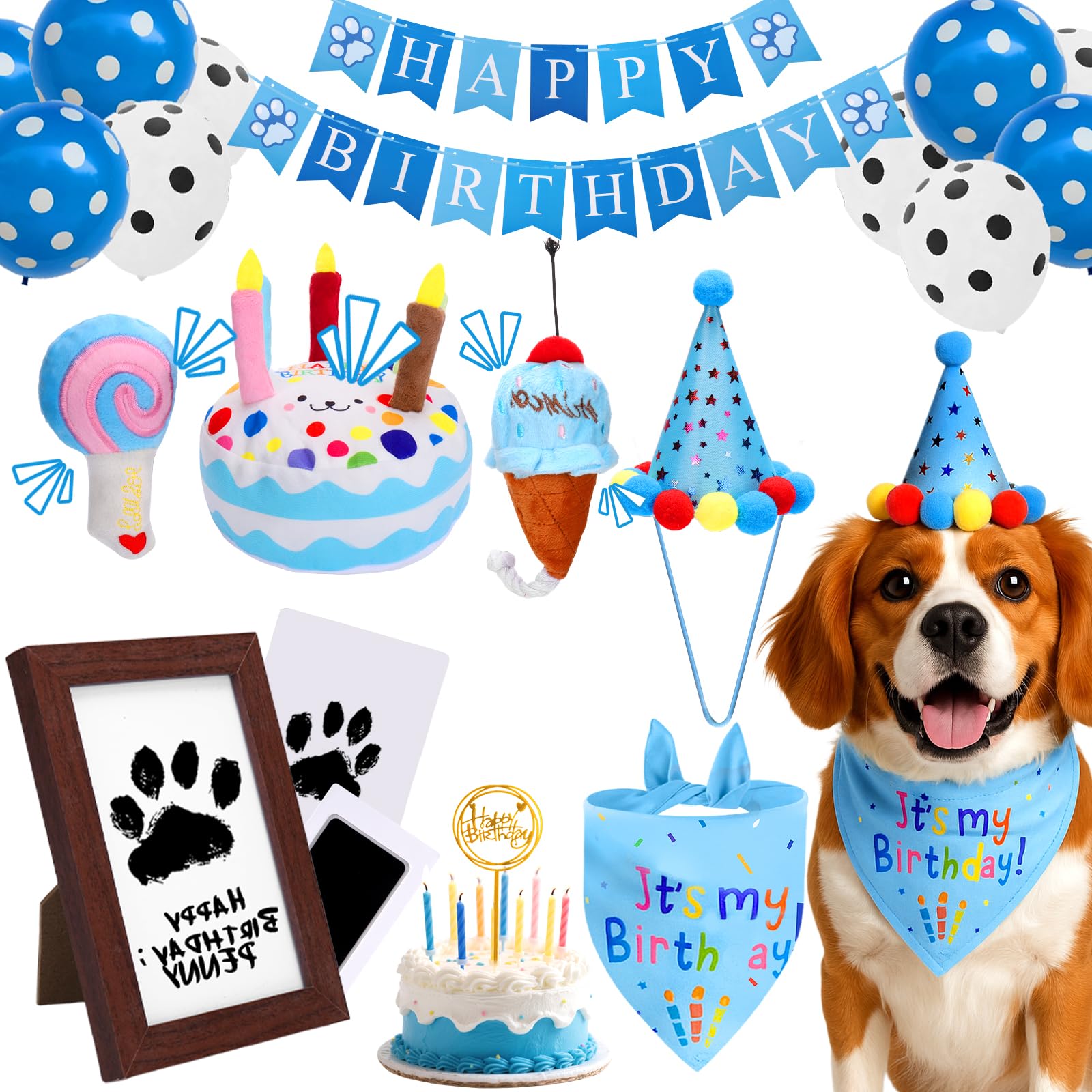Baborui Dog Birthday Party Decorations Set - All-In-One Dog Birthday Party Supplies With Paw Print Kits, Squeaky Plush Toys, Bal