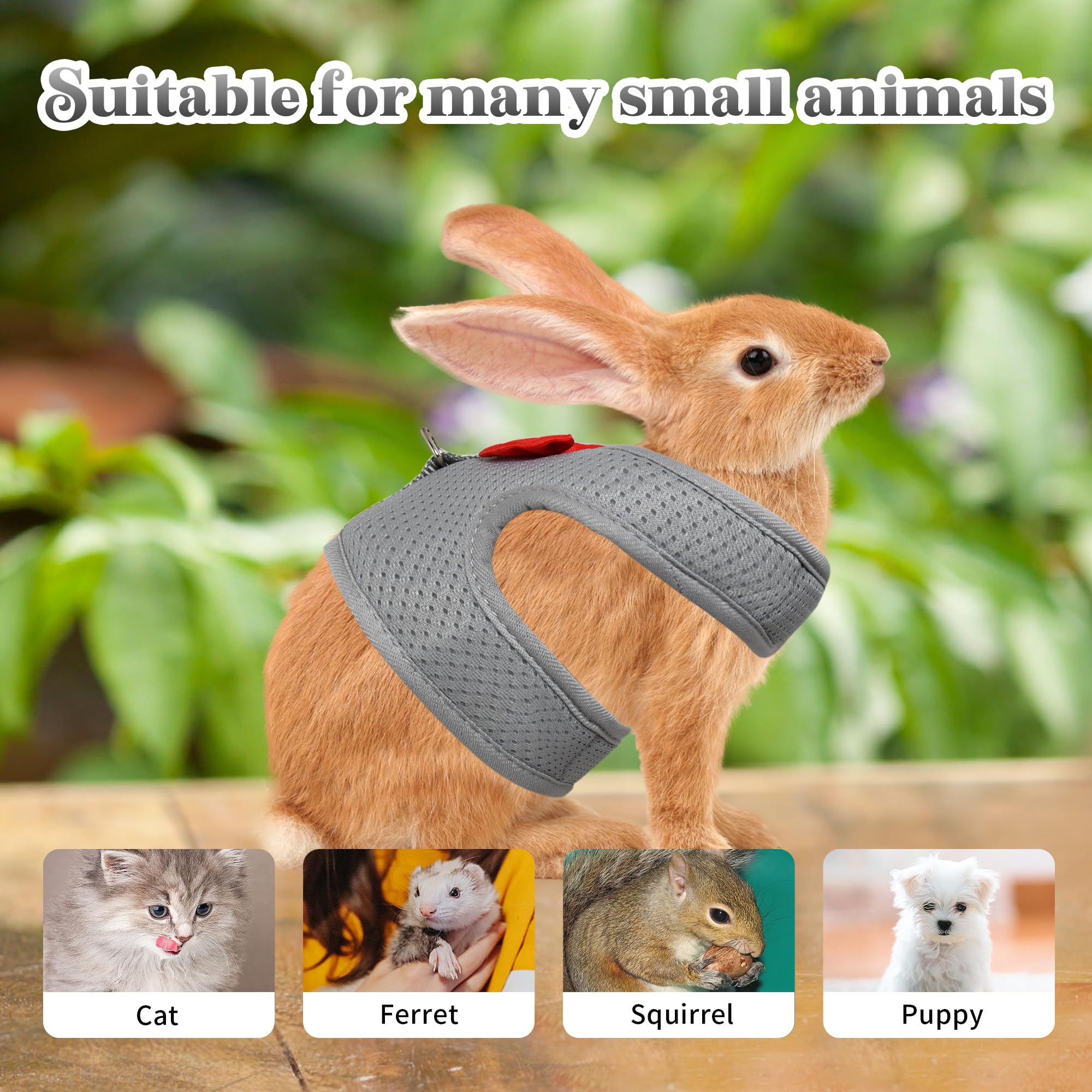 AIITLE Rabbit Harness and Leash Set with Cute Bow, Soft Breathable Mesh Vest Harness for Rabbits Kitten Ferret Puppy Small Pets