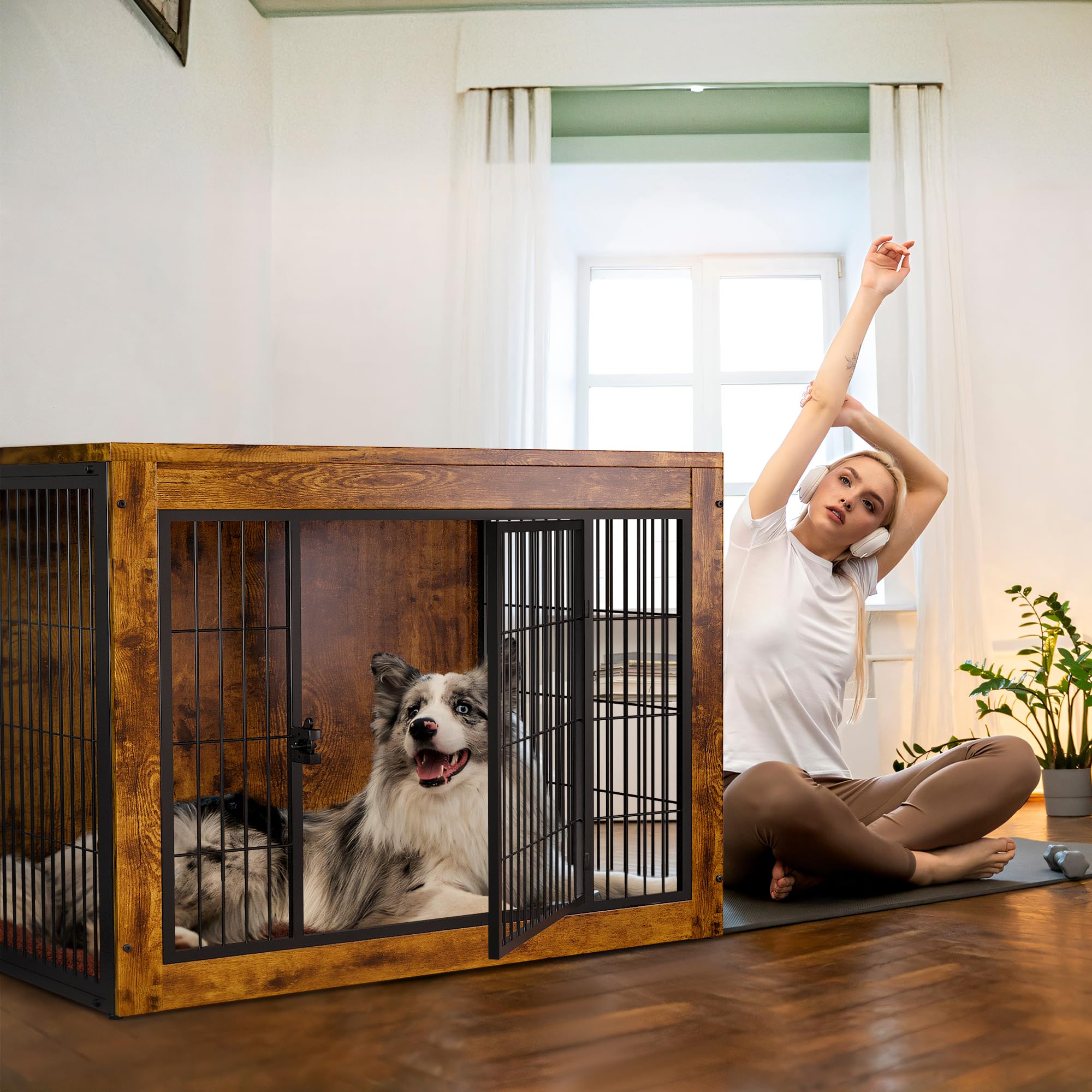 Dog Crate Furniture with Cushion, Indoor Dog Kennel with Double Doors, Side End Table Dog Cage, Pet House for Small/Medium/Large