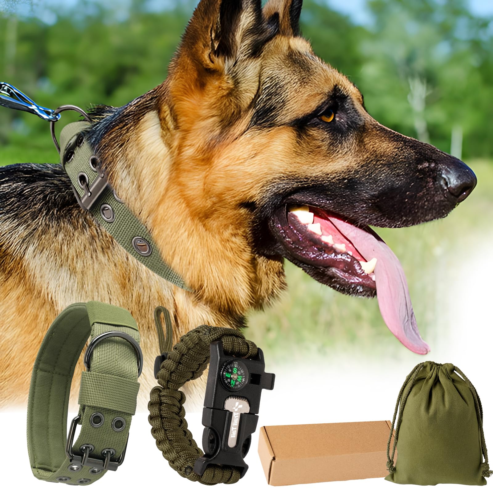 Heavy Duty Tactical Paracord Collar, Metal Buckle And Patches, Ideal For German Shepherd, Pitbull, Rottweiler (Green, L)