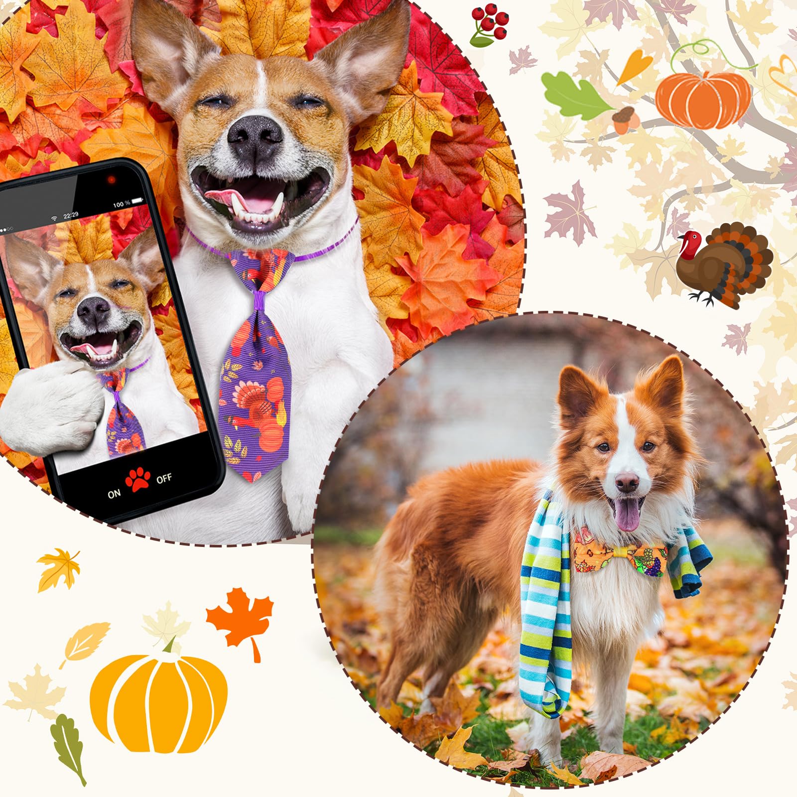 Eccliy 120 Pcs Fall Dog Bows Ties Collars Bulk For Small Large Dogs & Cats - Thanksgiving & Turkey Patterns