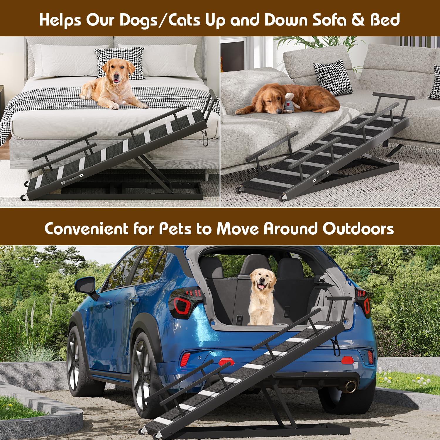 Dog Ramp For Bed, 63'' Pet Ramp For Adjustable Hight, Dog Ramps For Large Dogs With Anti-Slip Carpet And Safety Rails, Dog Car R