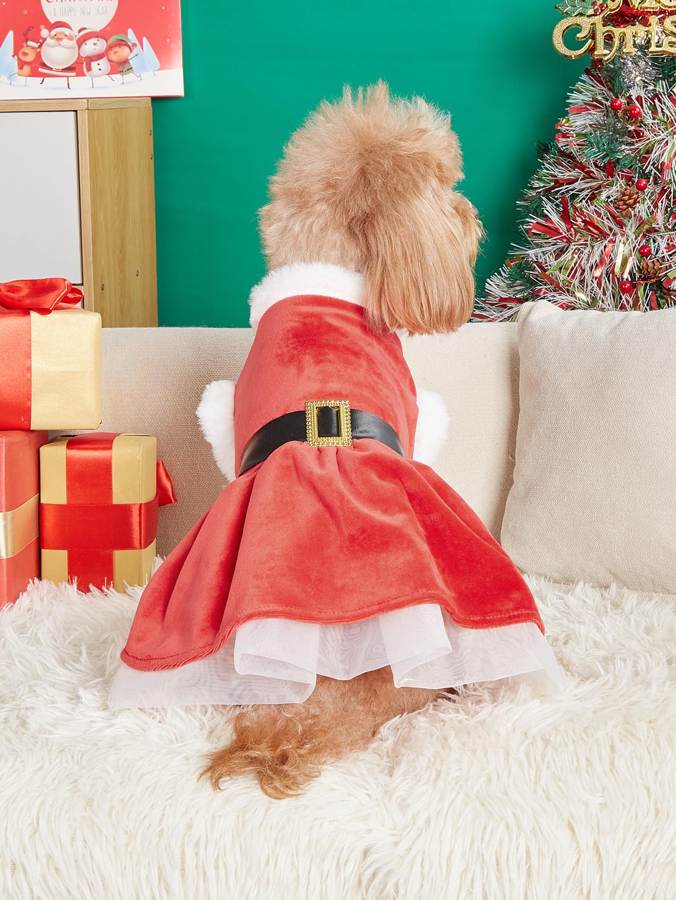 Dog Christmas Dress Santa Costumes: Puppy Girl Dresses Holiday Theme Doggie Xmas Apparel Party Skirts With Belt, Winter Warm Chr