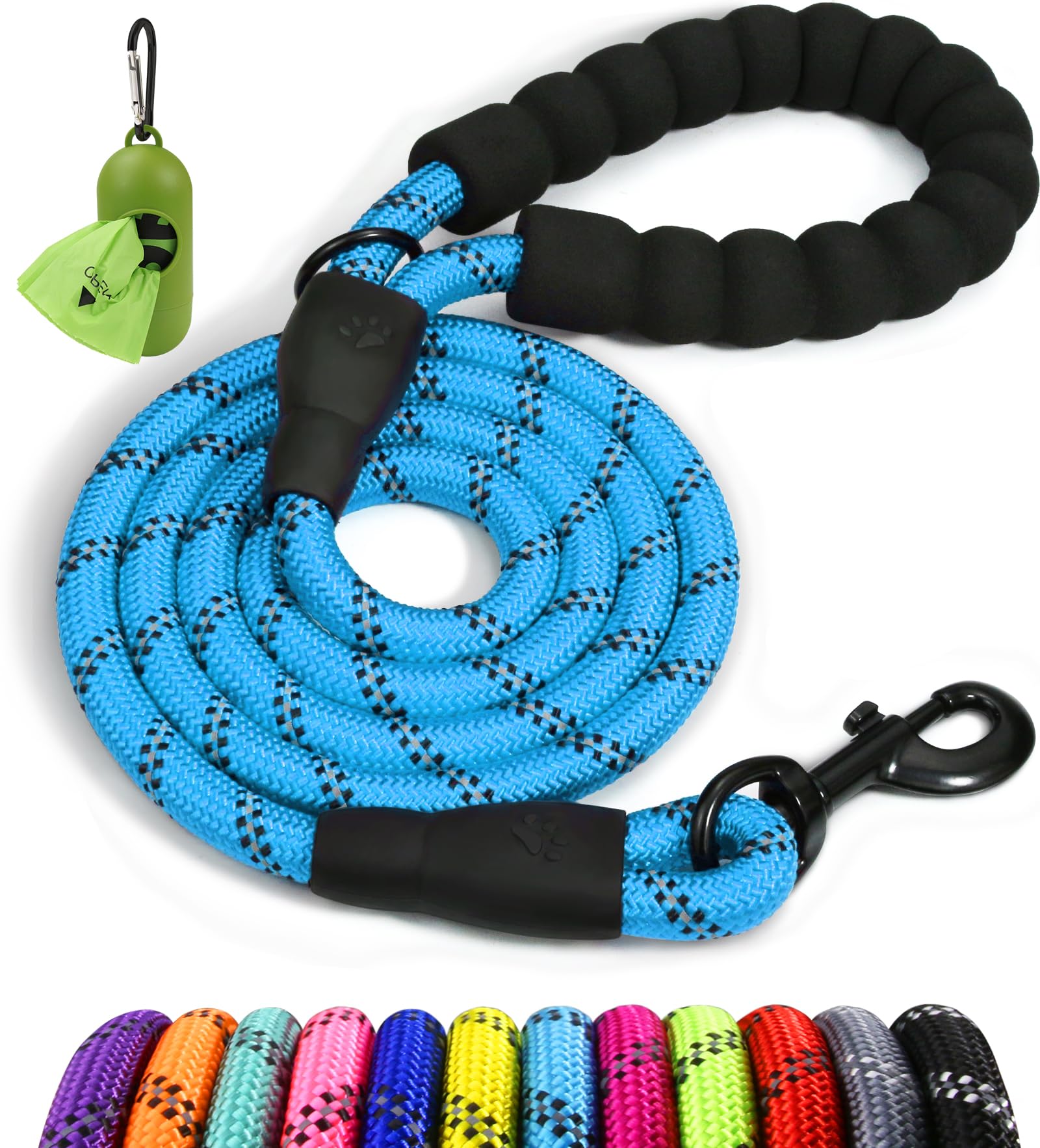 Taglory Rope Dog Leash 5 Ft With Comfortable Padded Handle, Highly Reflective Threads Leash For Medium Large Dogs, 1/2 Inch, Blu