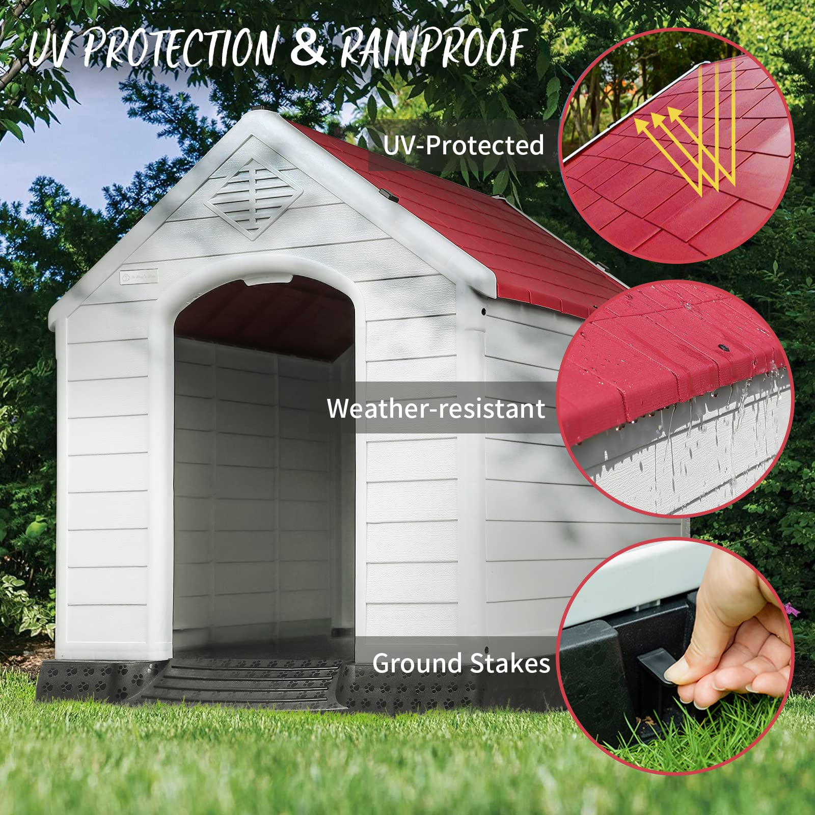 Pukami Plastic Dog House Outdoor Indoor,Durable Dog House For Small Medium Large Dogs,Waterproof Dog Houses With Elevated Floor And Air Vents,Ventilate & Easy Clean And Assemble(Red, 42Inch)